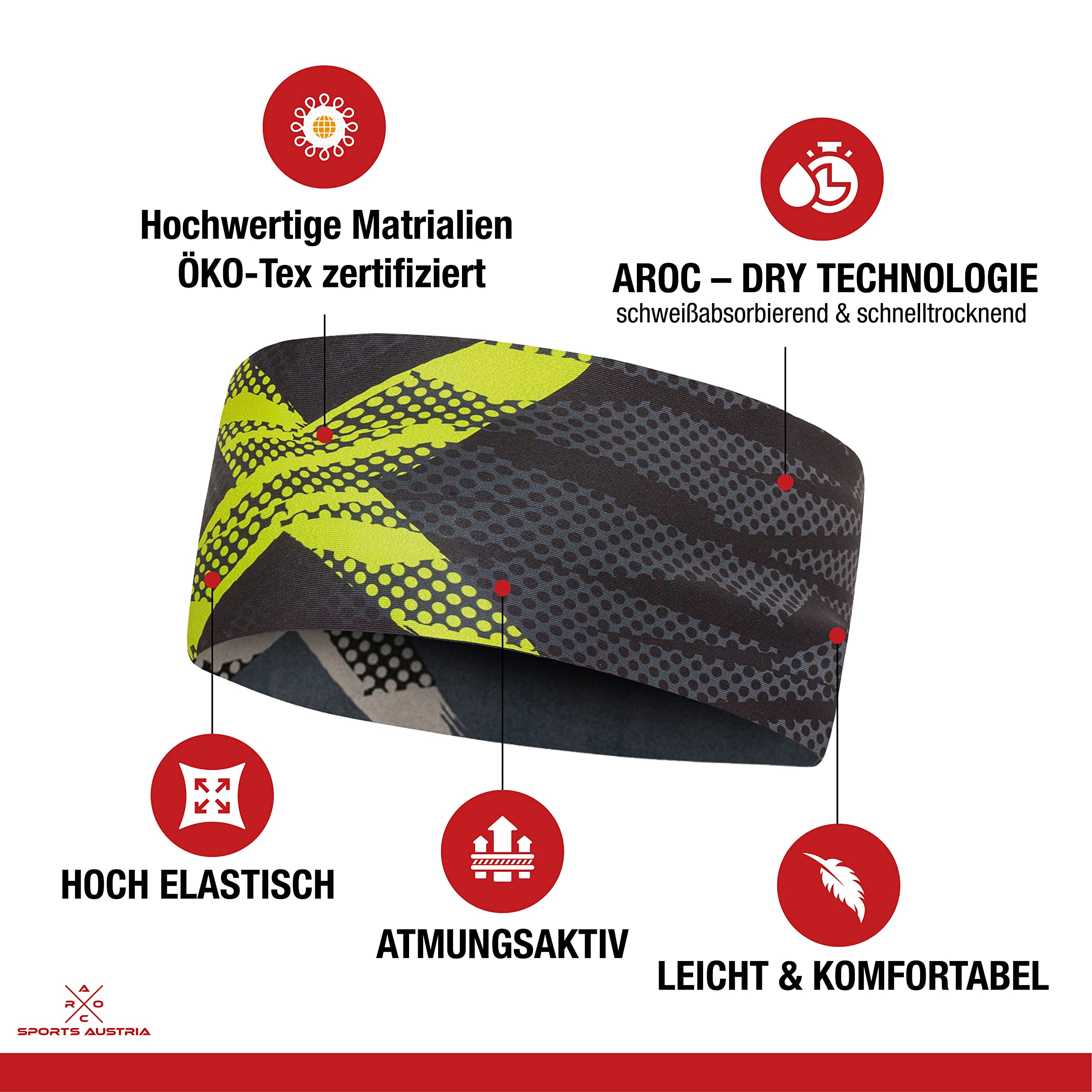 Fascia per capelli reversibile, leggera ed elastica, tecnologia AROC-Dry, asciugatura rapida, assorbe il sudore, trekking, corsa, ciclismo, sci