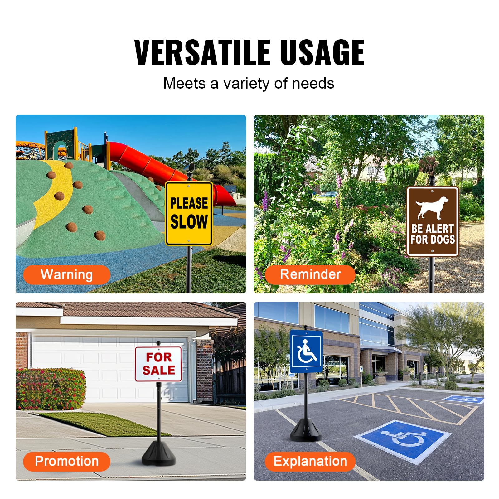 VEVOR Portacartello Portatile, Supporto per Cartello in Ghisa di Parcheggio Mobile 1524 mm con Base in Plastica Rigida e Ruote, per Cartelli Stradali di Divieto di Parcheggio, Bulloni e Dadi, Nero