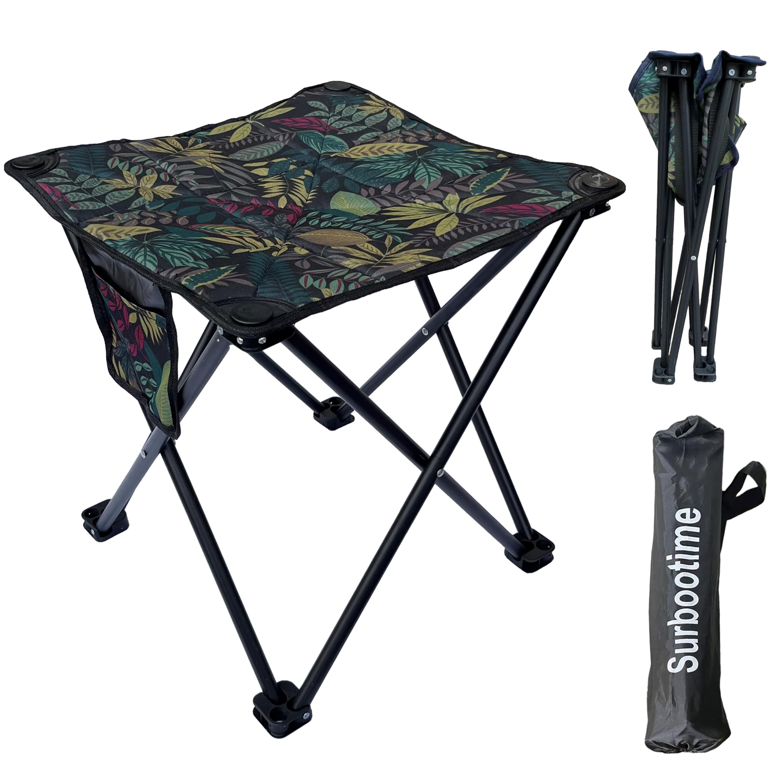 Portable folding camping stool, cotton lining, 17*17*18 inches, soft outdoor seat with side pockets, extra-large footstool, suitable for fishing, picnics, beach barbecues, hiking(Maple Leaf）