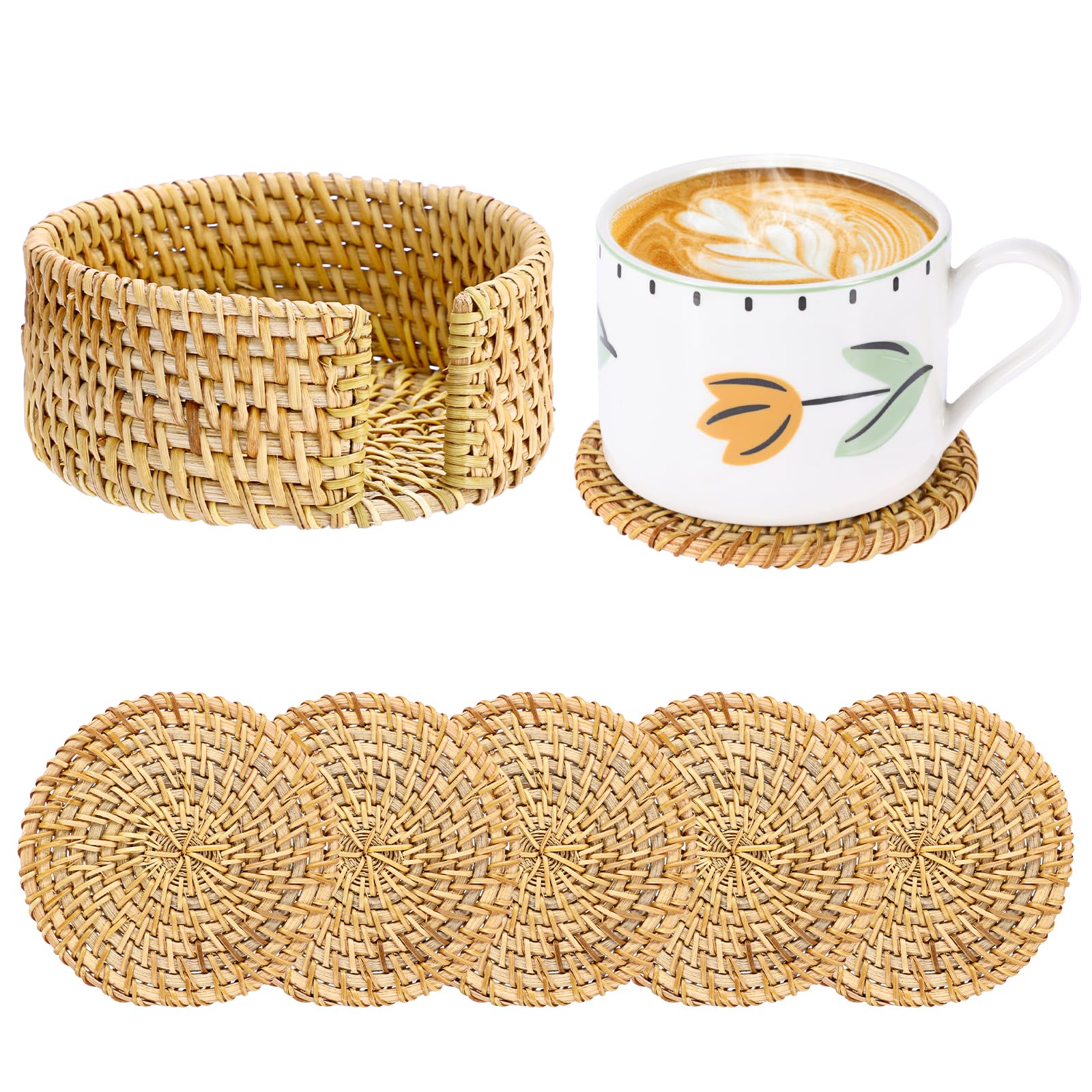 IGNPION Set of 6 Rattan Coasters with Holder, Round Weave Drinks Mats for Hot Cold, 10cm Coffee Mugs & Tea Cups Decorative Table Coasters (Natural)