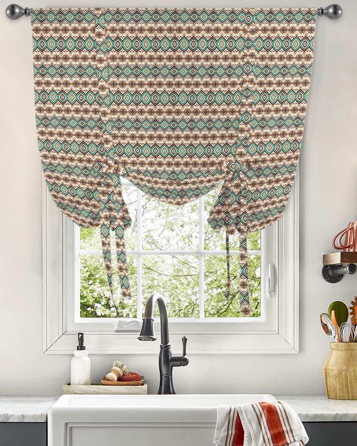 Tie Up Curtains Window Shades, Abstract Bohemian Geometric Gradient Floral Ombre Rod Pocket Tie Up Window Shade, Adjustable Balloon Curtain Shade for Blinds Kitchen Bathroom, 1 Panel, 42"x45"