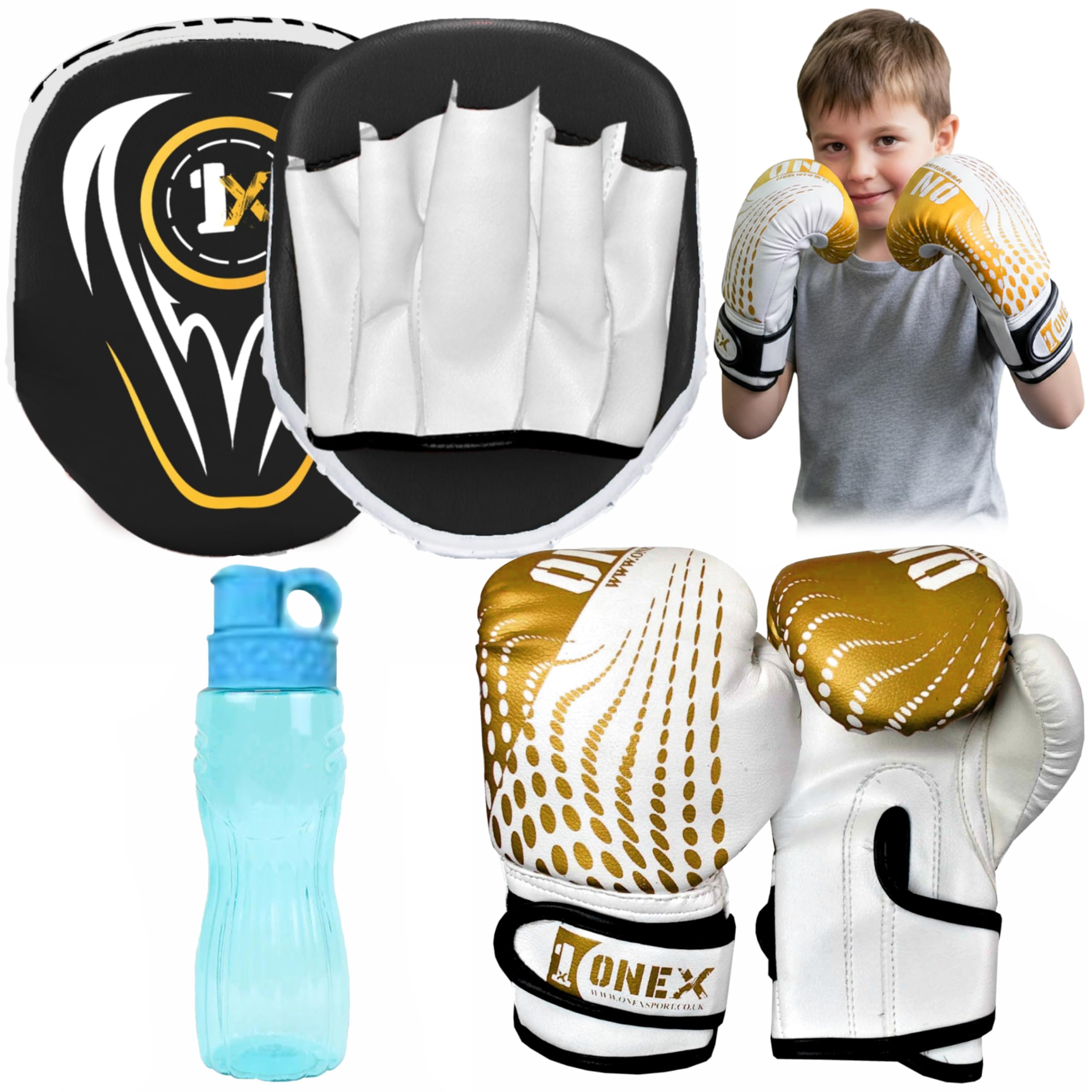 ONEX Boxing Gloves and Pads Kids Boxing Set for Kickboxing & MMA Muay Thai Punching Glove Flat Boxing Pads With Water Bottle Martial Arts Training for Kids and Junior (GOLD, 4oz)