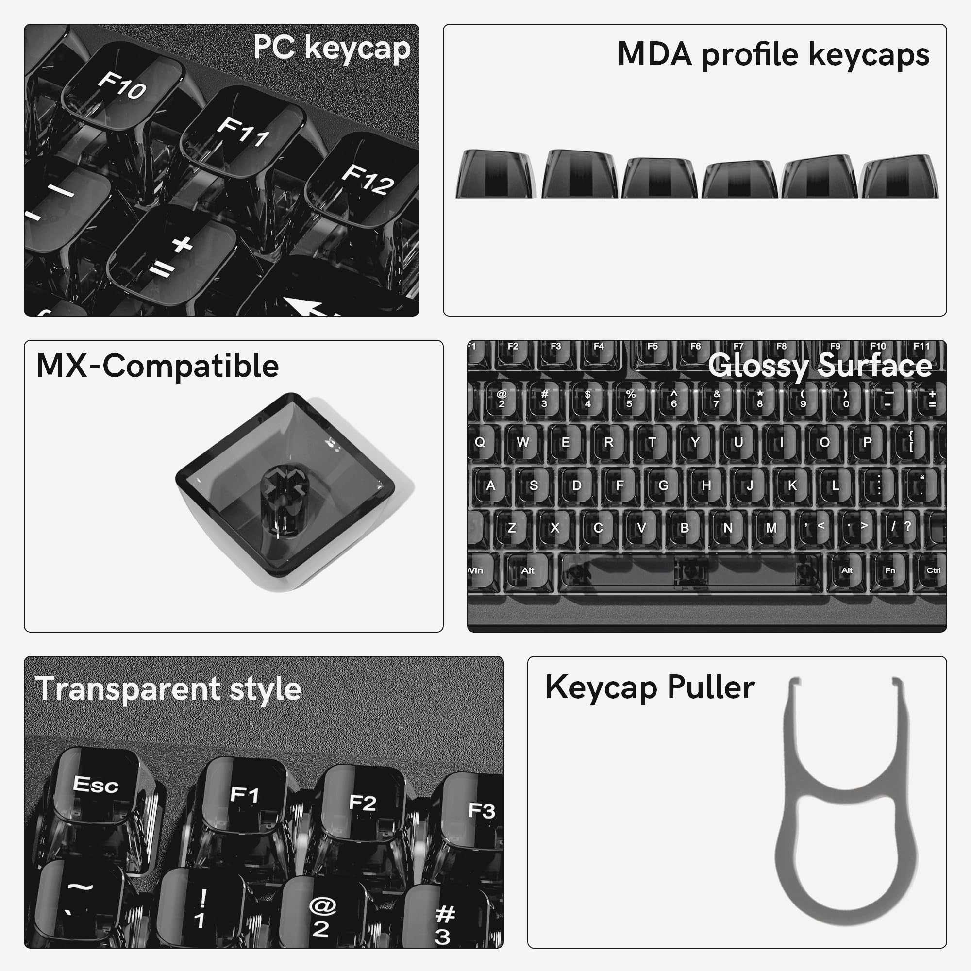dagaladoo Teclas Transparentes Grises, Teclas Transparentes 60 75 100 por ciento, Juego de Teclas de gelatina de cerámica, Tapas de Teclas Brillantes, Tapa de Teclado de Perfil MDA para interruptores