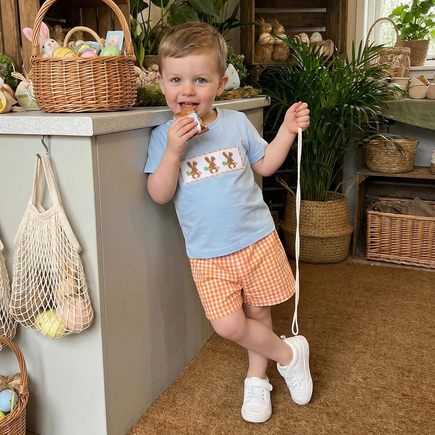Toddler Baby Boy Easter Outfit Bunny Carrot Embroidery Short Sleeve T Shirt Tops Plaid/Striped Shorts Set - Image 3