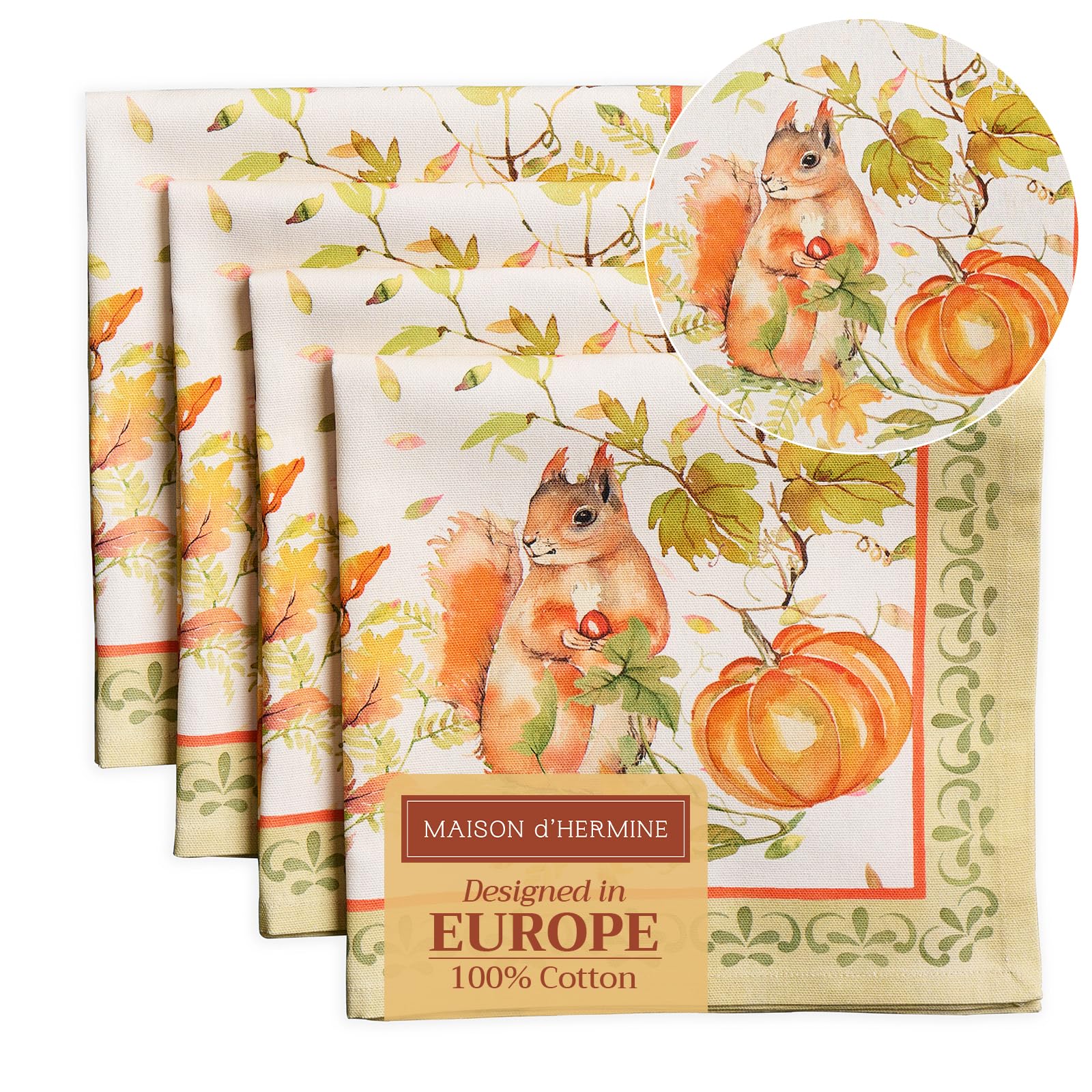 Maison D' Hermine 129 - Pumpkin Passion Cloth Napkins Set Of 4 100% Cotton For Christmas Decorations Everyday Reusable Square Autumn Napkins Cloth Washable Dinner Party Wedding (Pumpkin Passion, 45 Cm X 45 Cm)