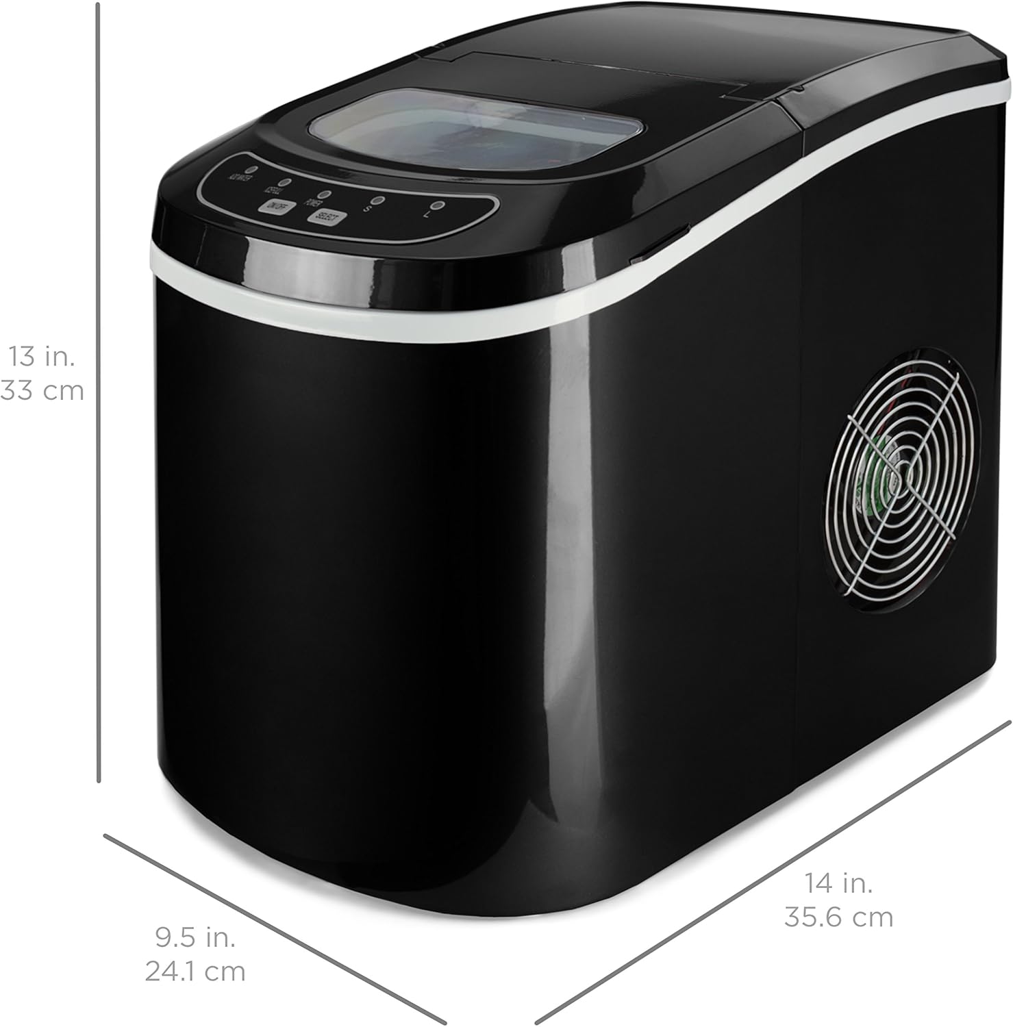 Diagram showing the dimensions of the ice maker: 14 inches length, 9.5 inches width, and 13 inches height.