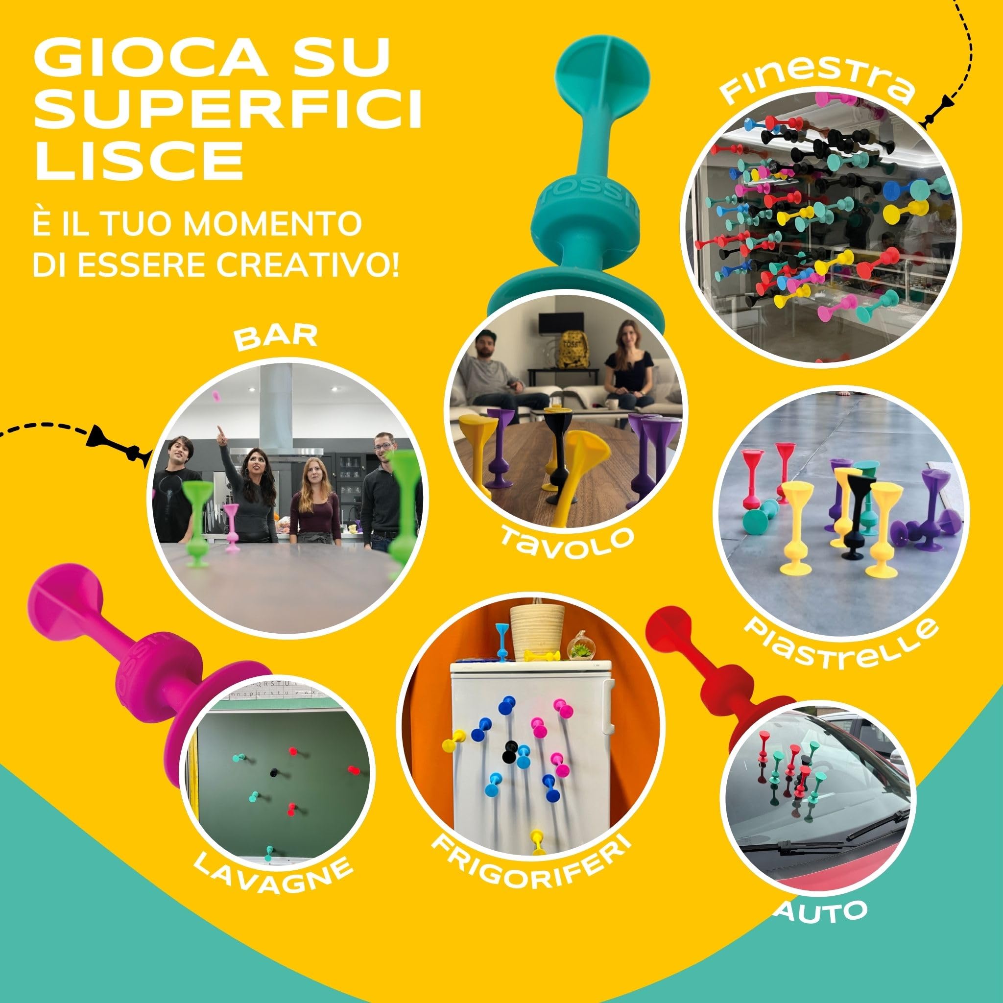 TOSSIT Gioco di Lancio Divertente con Ventosa, Interni Esterni, Si Attacca a Muri, Finestre, Pavimenti, Alternativa Freccette, Bocce, Pétanque, Famiglia, Amici, 8 Colori, Party Pack
