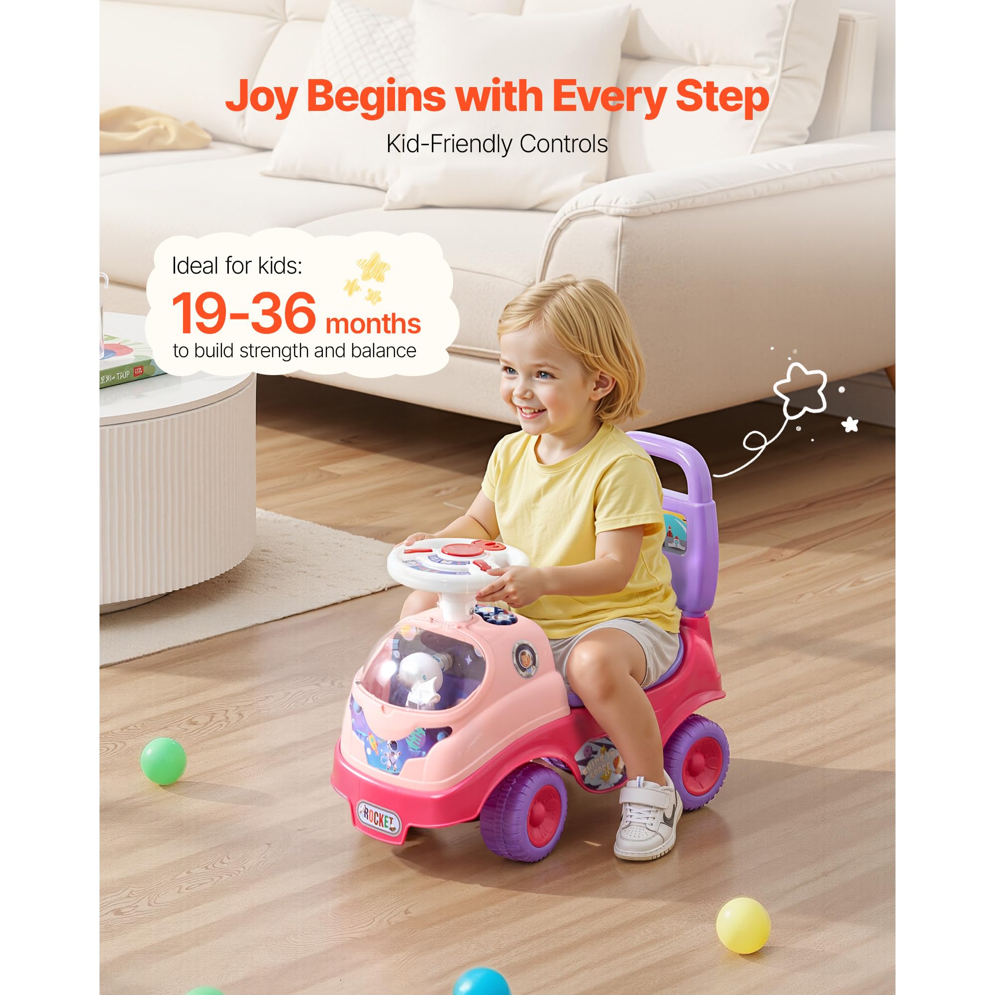 Ride-On Push Car, Ride-On Toy with Horn and Music, 48.5 lbs Weight Capacity, Under-Seat Storage, Foot-to-Floor Walker, Pink — view 2