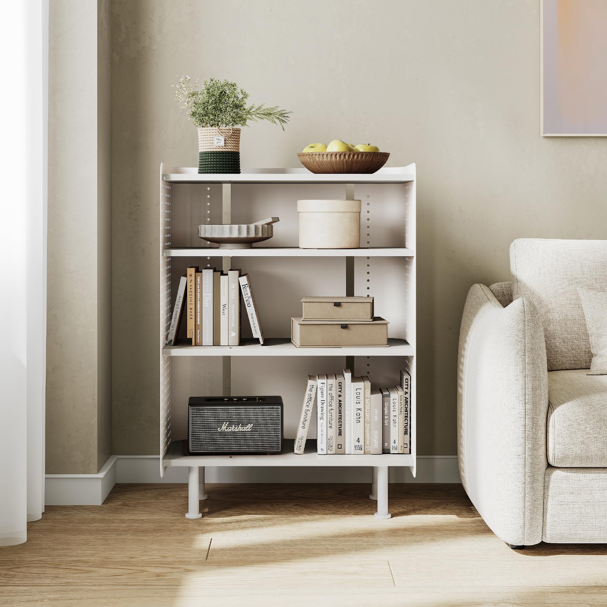 Fenge 4 Etagen Bücherregal Modern Lagerregal mit Pegboard Multifunktionales Lagerschränke mit Verstellbarem Regal für Wohnzimmer, Schlafzimmer, Heim, Büro (Weiß)