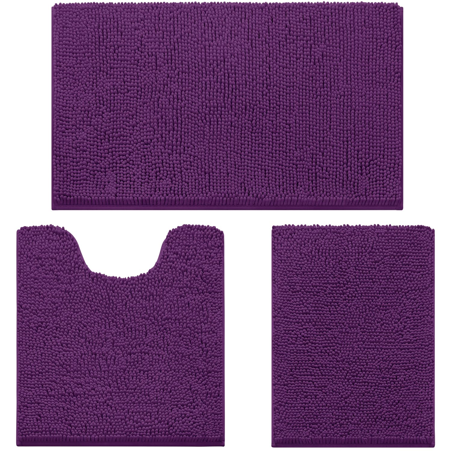 HOMEIDEAS 3 Pieces Bathroom Rugs, Ultra Soft Non Slip Absorbent Chenille Toilet Bath Mat Set (Purple)