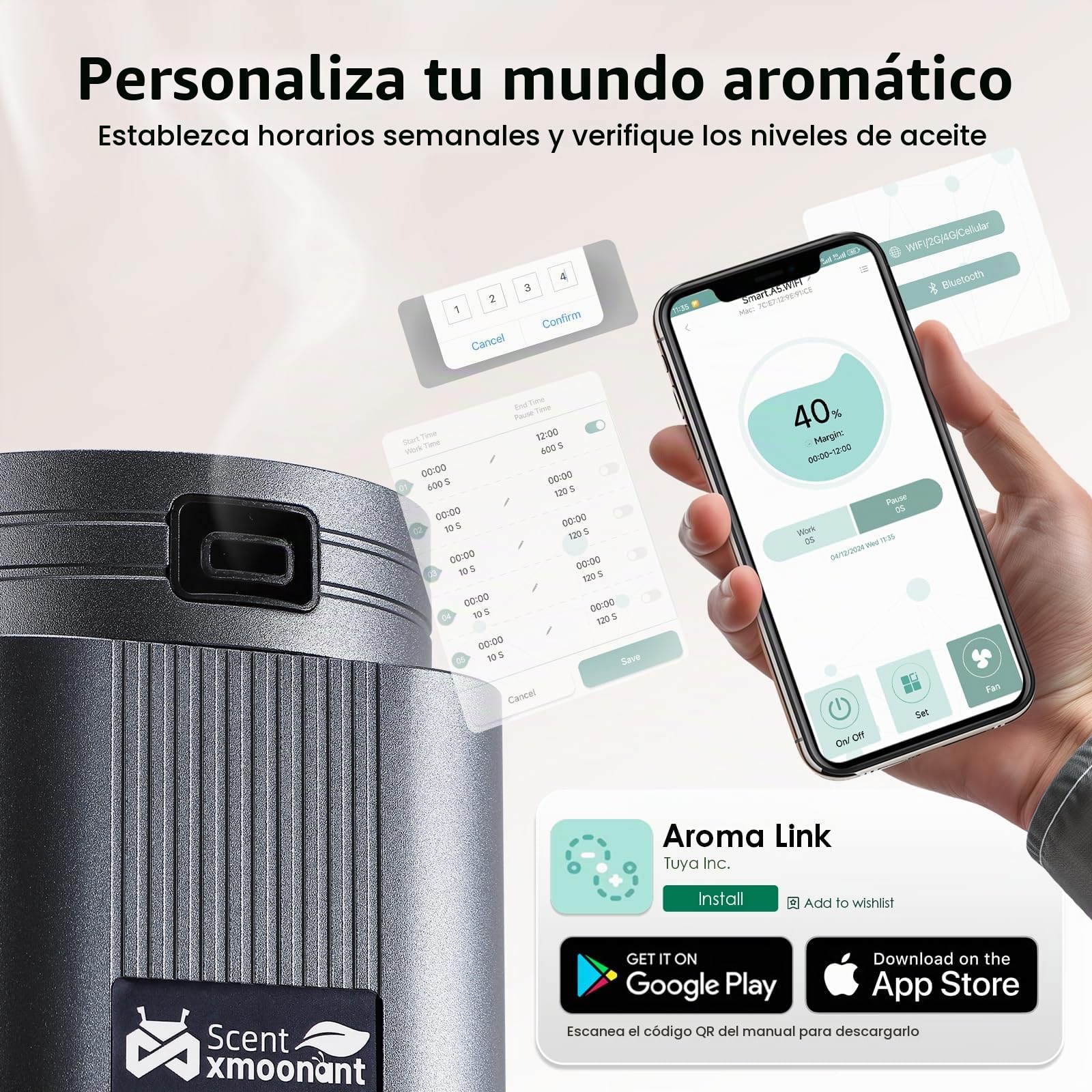 Mxmoonant Difusor de Aceite Esencial sin Aguacon con Niebla Fría, Que Cubre 2000m³, Botella de Aceite de 500ml, App y Remoto Control, Industrial, para Hotelaria, Restaurante, Gimnasios | App/mando a distancia, 2000 m³, detección de aceites esenciales, par