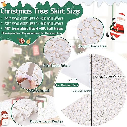 Miniatura 35 de Falda de árbol de Navidad de 48 pulgadas, falda de árbol de piel sintética de lujo con copos de nieve dorados y lentejuelas, alfombrillas grandes