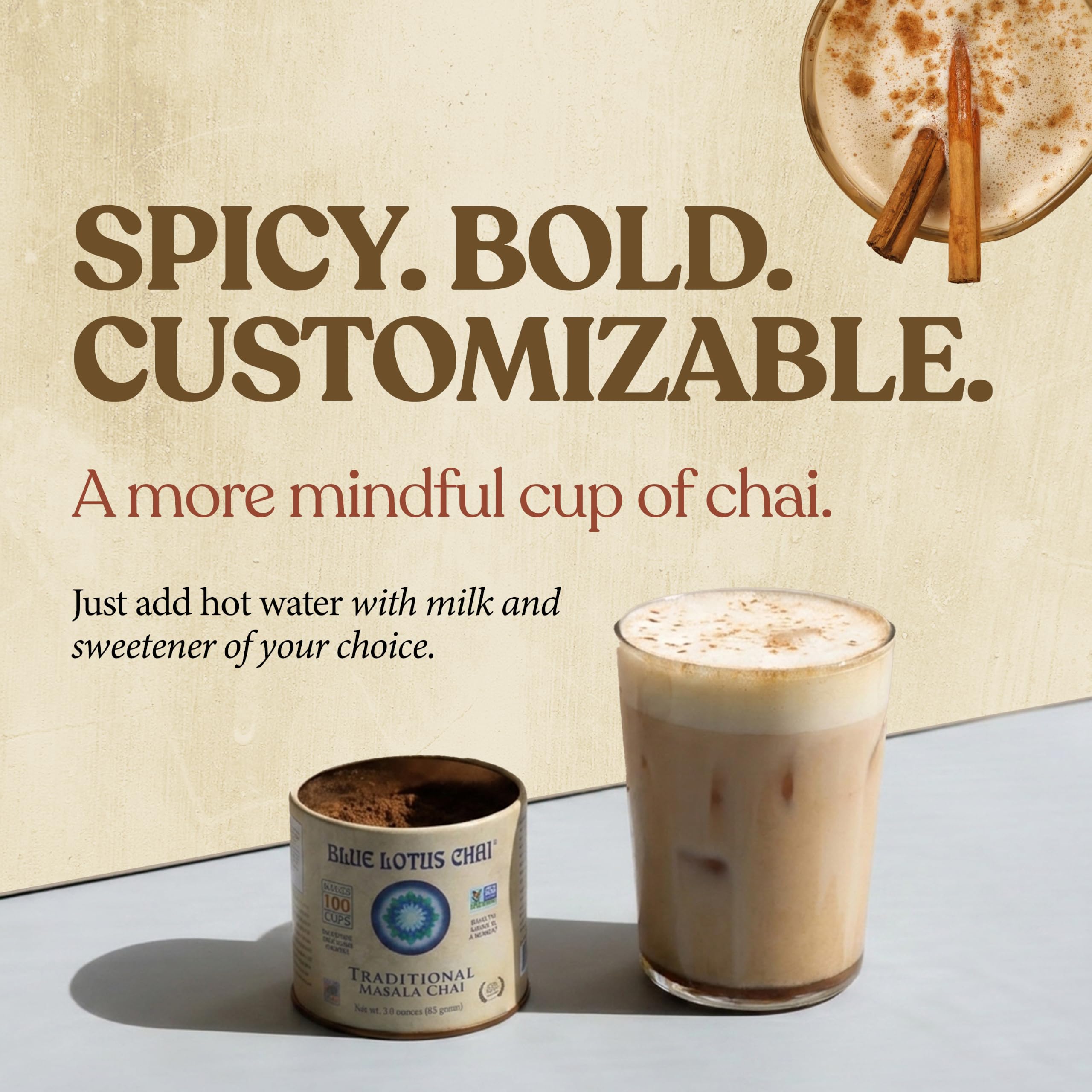 Blue Lotus Chai - Traditional Masala Chai - Makes 100 Cups - 3 Ounce Masala Spiced Chai Powder with Organic Spices - Instant Indian Tea No Steeping - No Gluten thumbnail 2