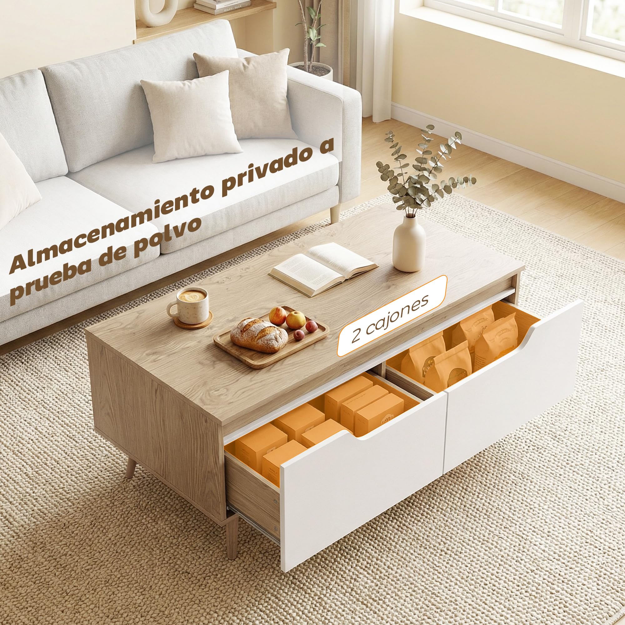 HOMCOM Mesa de Centro, Mesita Moderna con 2 Cajones 100x50x46cm Roble | Mesa Baja, Patas de Madera de Pino, para Sala de Estar, Dormitorio