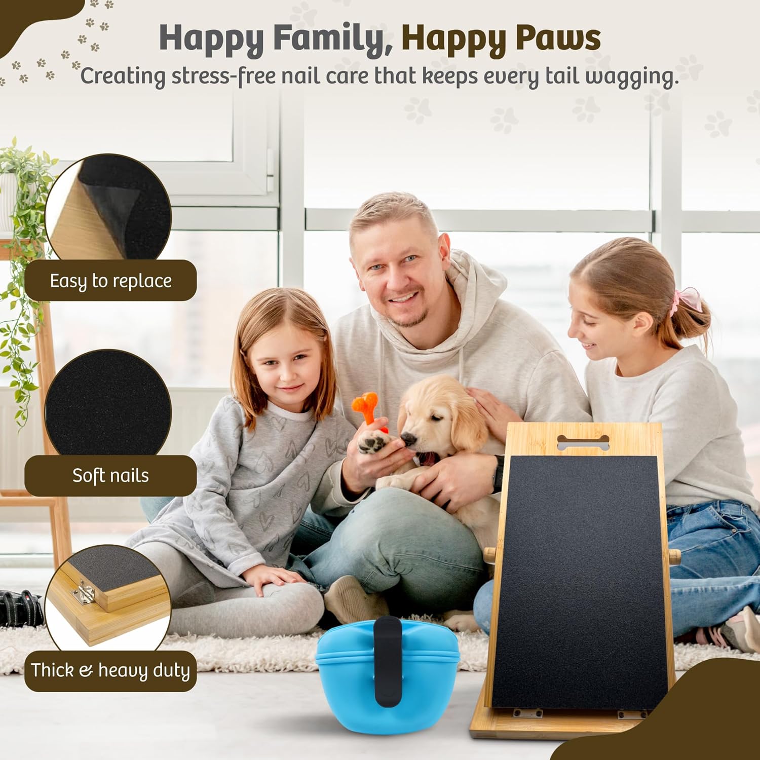 Solid Bamboo Dog Nail Scratch Board – 5 Adjustable Angles for Trimming & Filing – Includes Clip-On Silicone Treat Pouch for Training