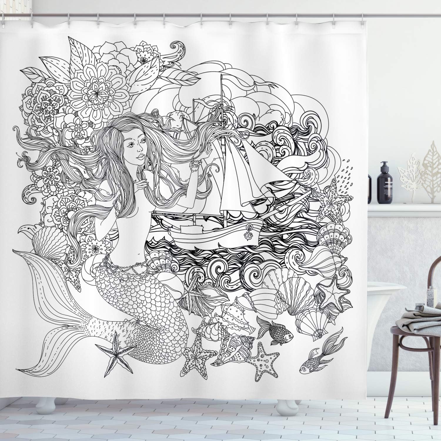 Ambesonne Underwater Shower Curtain, Mermaid with Abstract Hair Flowers Leaves Sailboat Waves Fish Black and White, Cloth Fabric Bathroom Decor Set with Hooks, 69" W x 70" L, White Black