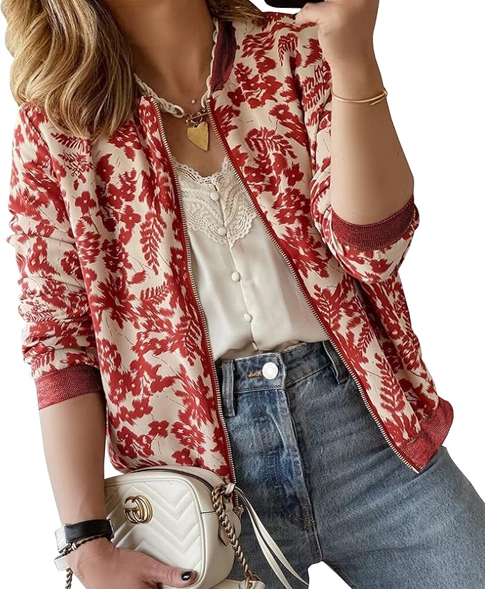 ECOWISH Womens Jackets Lightweight Zip Up Casual Inspired Bomber Jacket Leopard Coat Stand Collar Short Outwear Tops