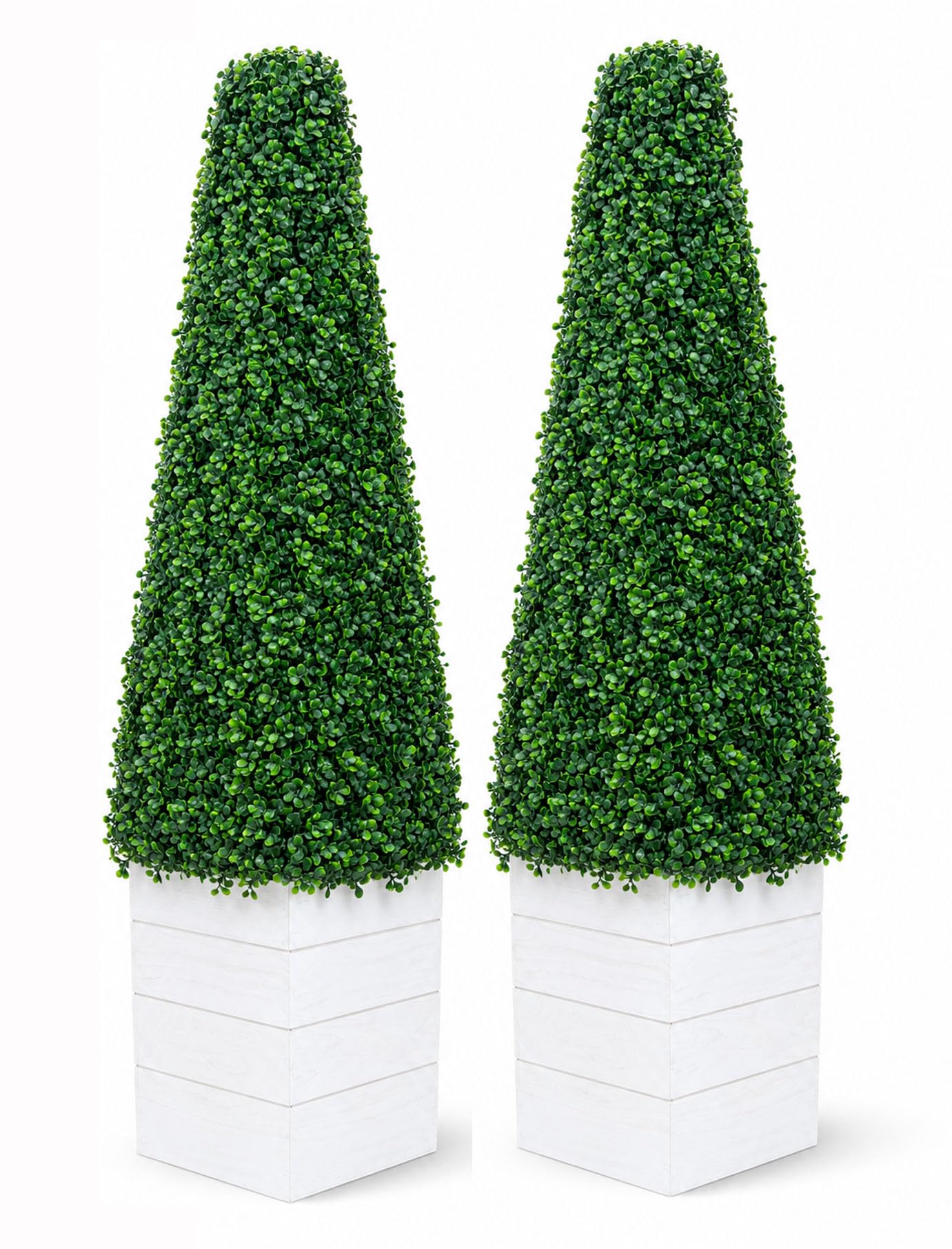 SASONS® Pair of 3Ft Pyramid Cone Tree, Quality Boxwood Planter Topiary Tree, Evergreen Artificial Plants/Trees Ideal for Indoor/Outdoor Decoration [Pyramid Trees White Planter]