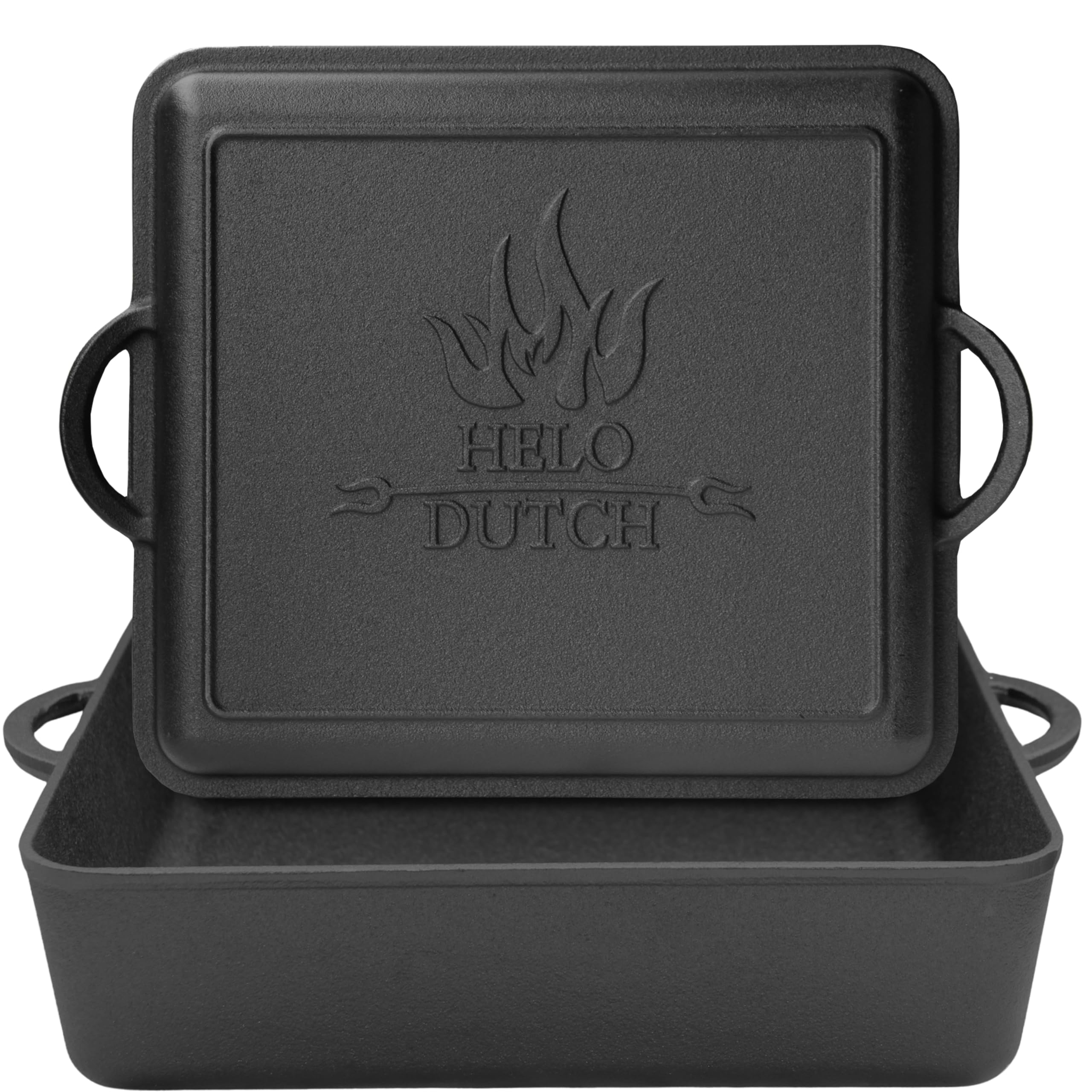Dutch Oven Set Gusseisen 1,8L-13,6L – Feuertopf mit Deckelheber, Schmortopf mit & ohne Füße, Schlitz für Themormeter, inkl. Kochbuch – Perfekt für BBQ Indoor & Outdoor (ohne Füße, 12L - E1)