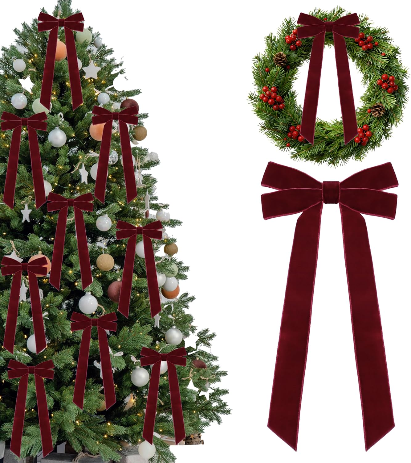 15 Pcs Burgundy Velvet Ribbon Bows for Christmas Tree 5in x 10in x 1in Vintage Rustic Velvet Bows Xmas Ornaments for Christmas Tree Wreath Garland Party Decor (Burgundy)