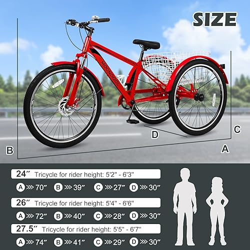 Vista 205 de H&ZT Triciclo para adultos, bicicleta de 3 ruedas, triciclo crucero, con engranaje de 7 velocidades, mango de freno de estacionamiento, escalón