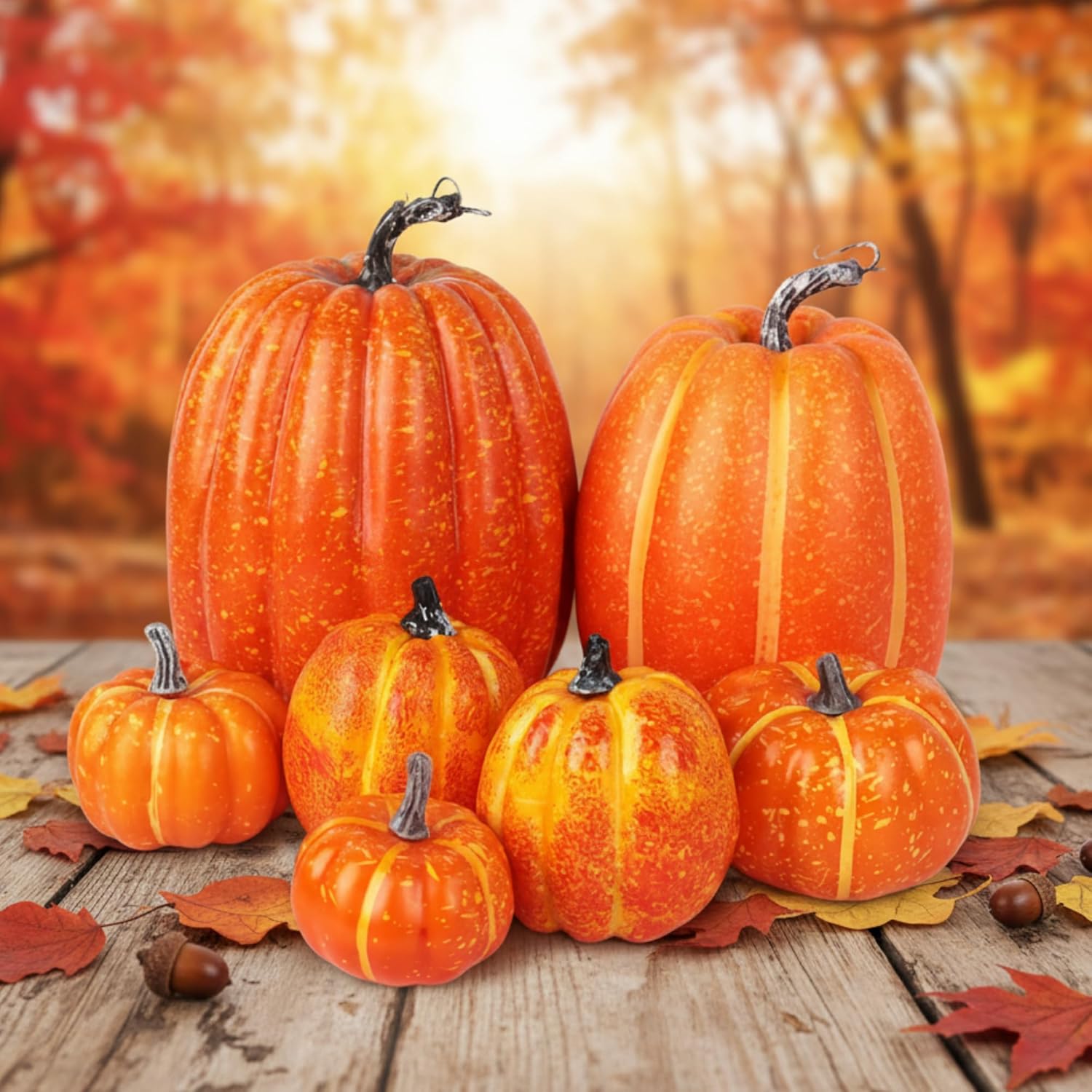 Geelin 7 Pcs Assorted Artificial Orange Pumpkins Harvest Decorative Faux Foam Pumpkins for Farmhouse Rustic Fall Thanksgiving Tabletop Centerpiece Mantel Shelf Kitchen Decoration