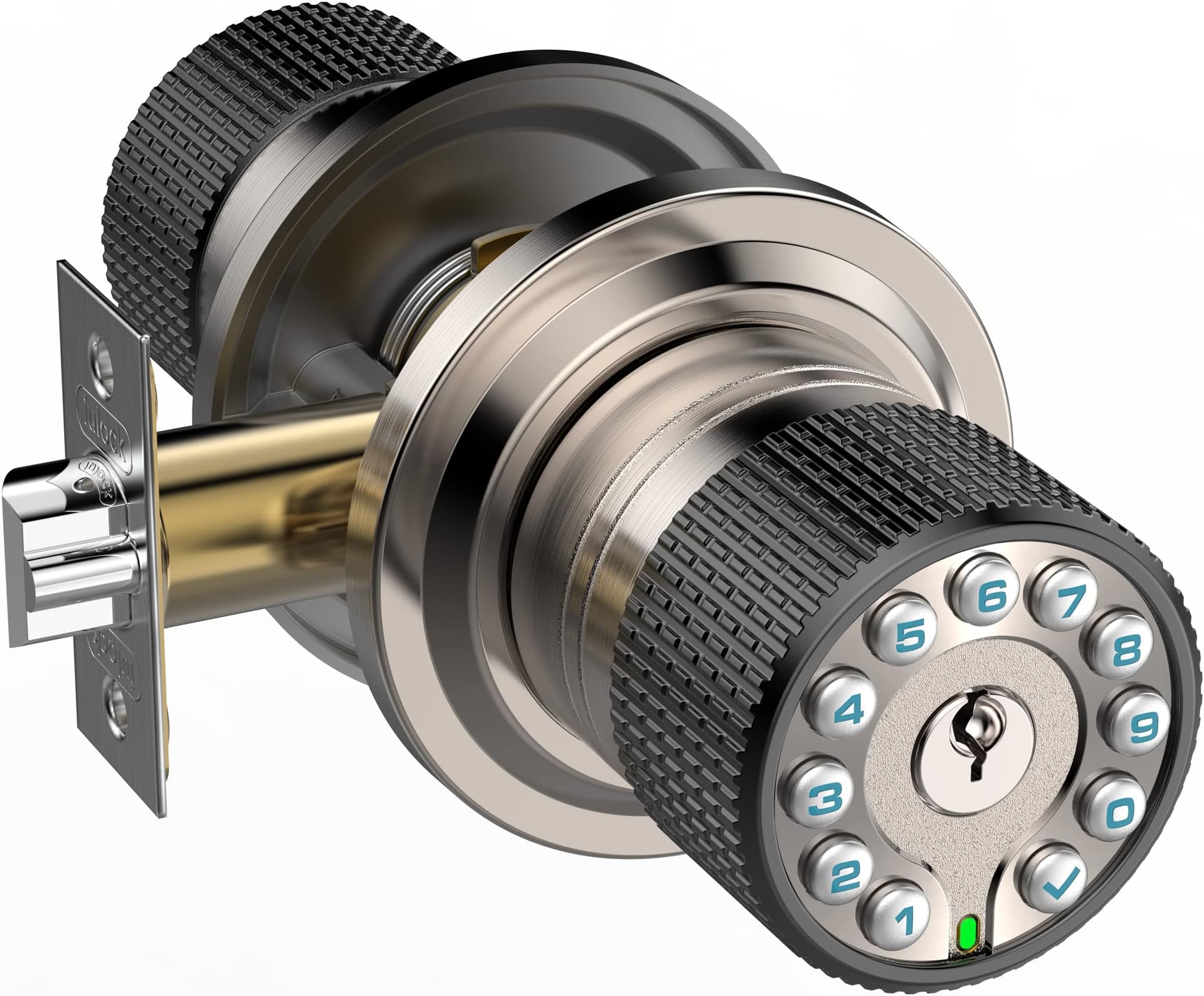 iulockSmart Door Knob with Keypad and Key,Keyless Entry Door Lock with Rubber Grip, Auto Lock,50 User Code,Waterproof, Easy to Install and Program for Bedroom Garage Office Gate (Satin Nickel)