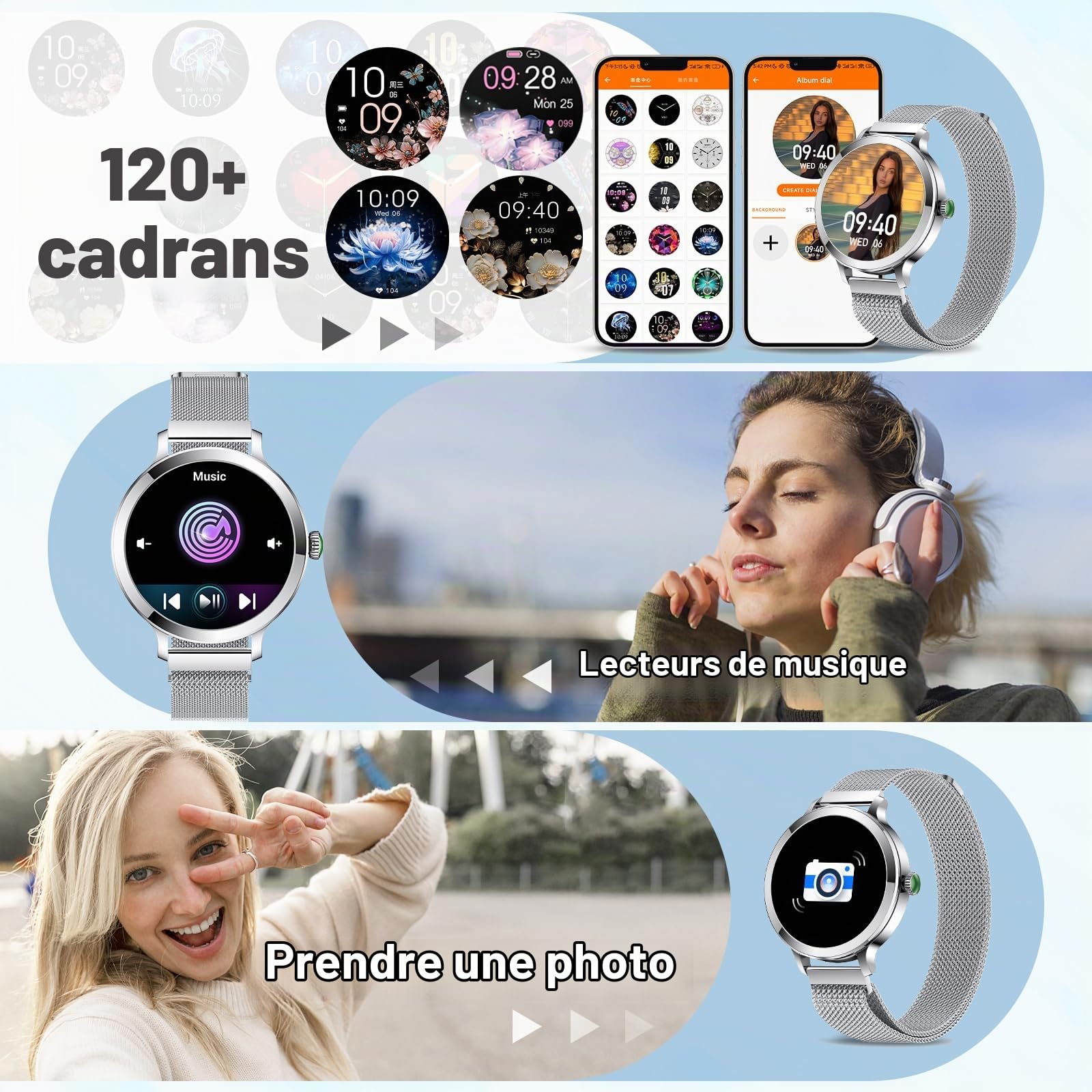 Efolen Montre Connectée Femme avec Appel Bluetooth, 1.1" AMOLED Ronde Smartwatch Moniteur de Sommeil Fréquence Cardiaque, 110+Sport Montre Intelligente, IP68 Podometre pour Android Argent