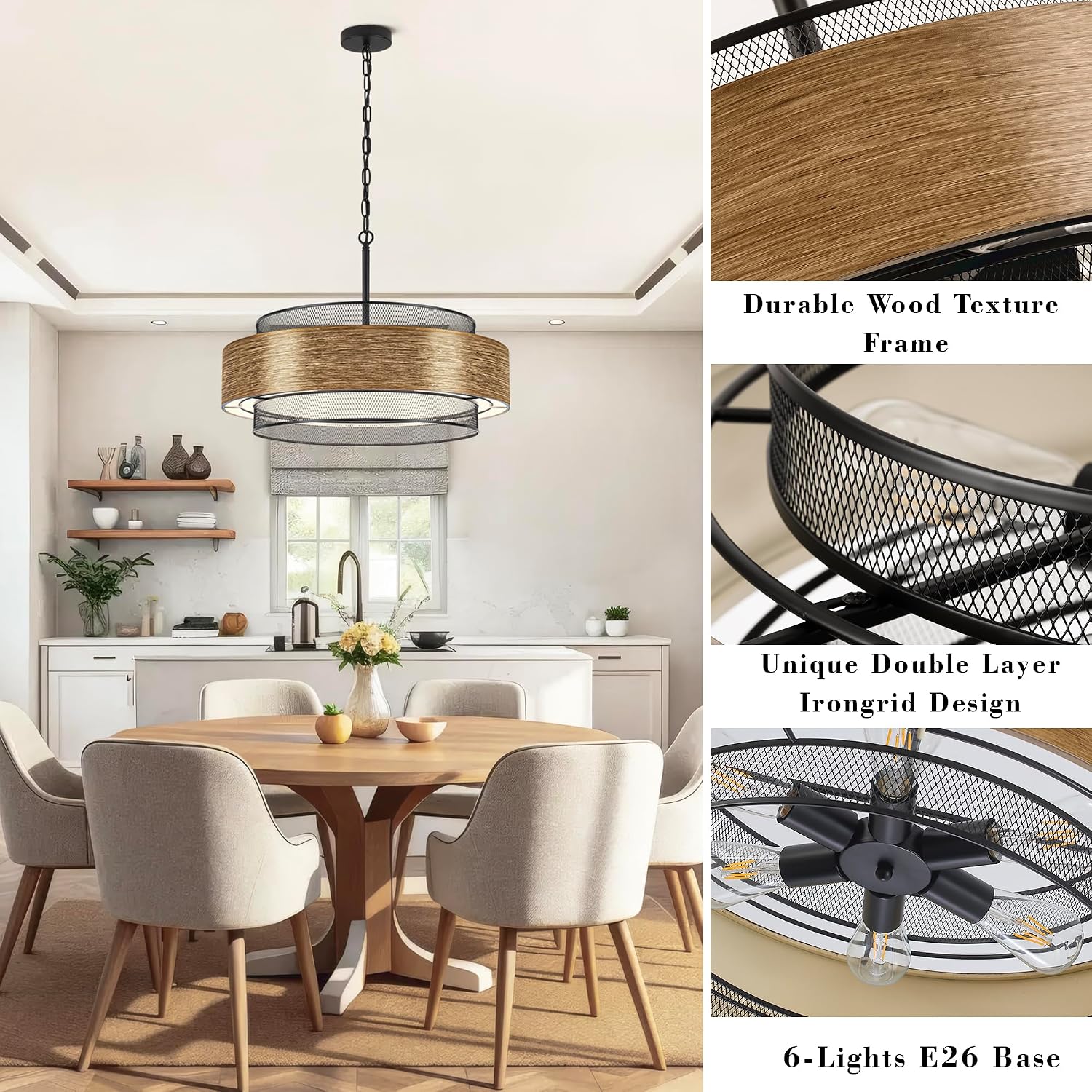 23.6 inch Farmhouse Chandeliers for Dining Room, 6-Light Rustic Large Black Drum Chandelier Metal Imitation Wood Round Hanging Lighting for Entryway Kitchen Island Foyer Bedroom Living Room