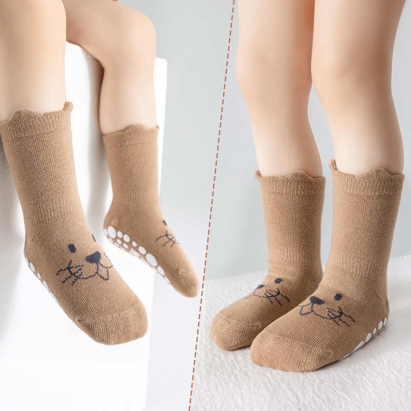 SockWaddles Stopper Socks Children Baby 5 Pairs ABS Breathable Non-Slip Socks Children, Crawling Socks Baby Cotton, Boys and Girls Crew Socks with Animals, White Bear, 1-3 Jahre 4