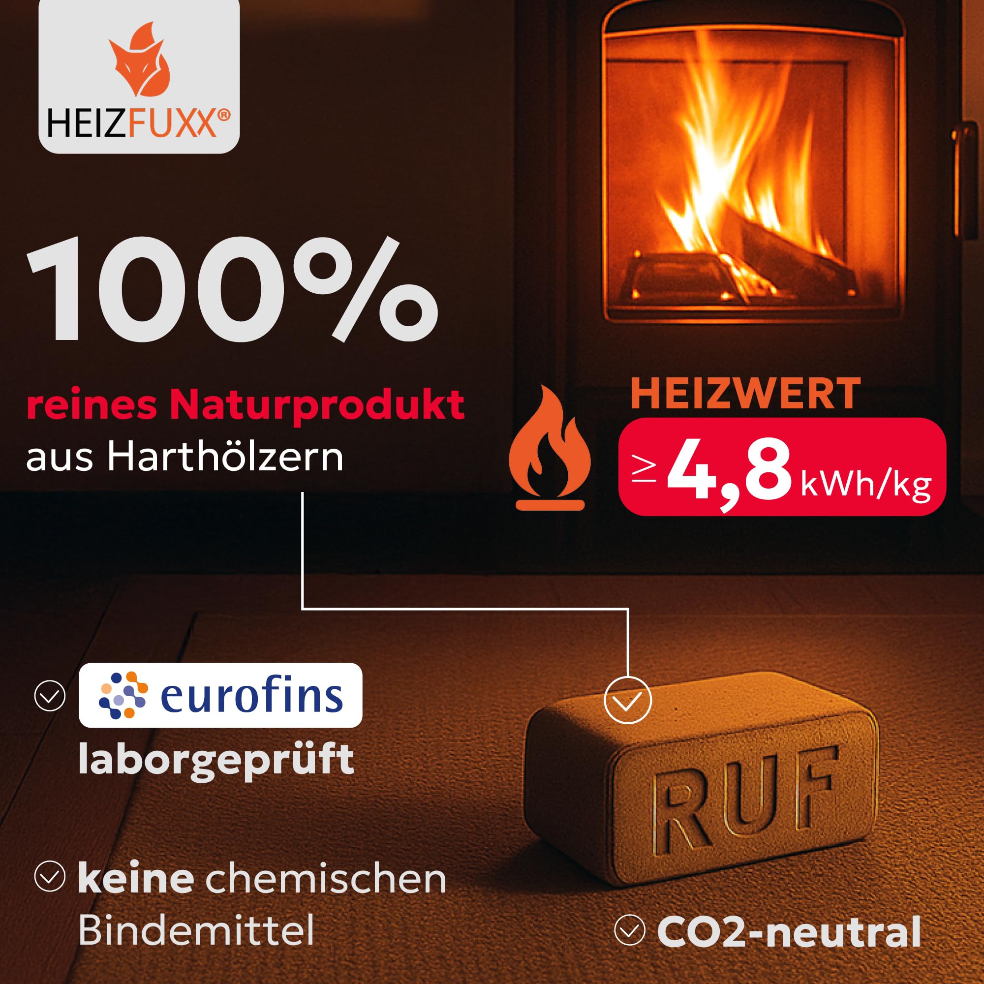 Holzbriketts RUF Original Red - Hartholzbriketts Palette 300 kg (30x10 kg) - Premium Briketts für Kamin, Heizkessel & Ofen - Hoher Heizwert, geringer Aschegehalt & maximale Energieausbeute