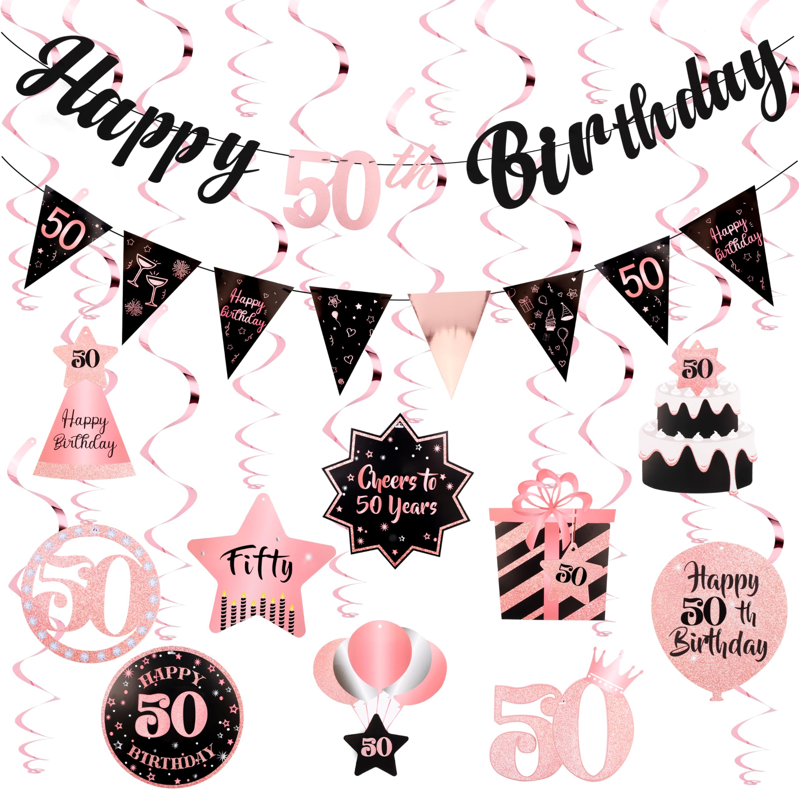 50th Birthday Decorations for Women Rose Gold Pink Pre Strung Happy 50th Birthday Banner and Hanging Swirls 50 Year Old Party Decorations Supplies
