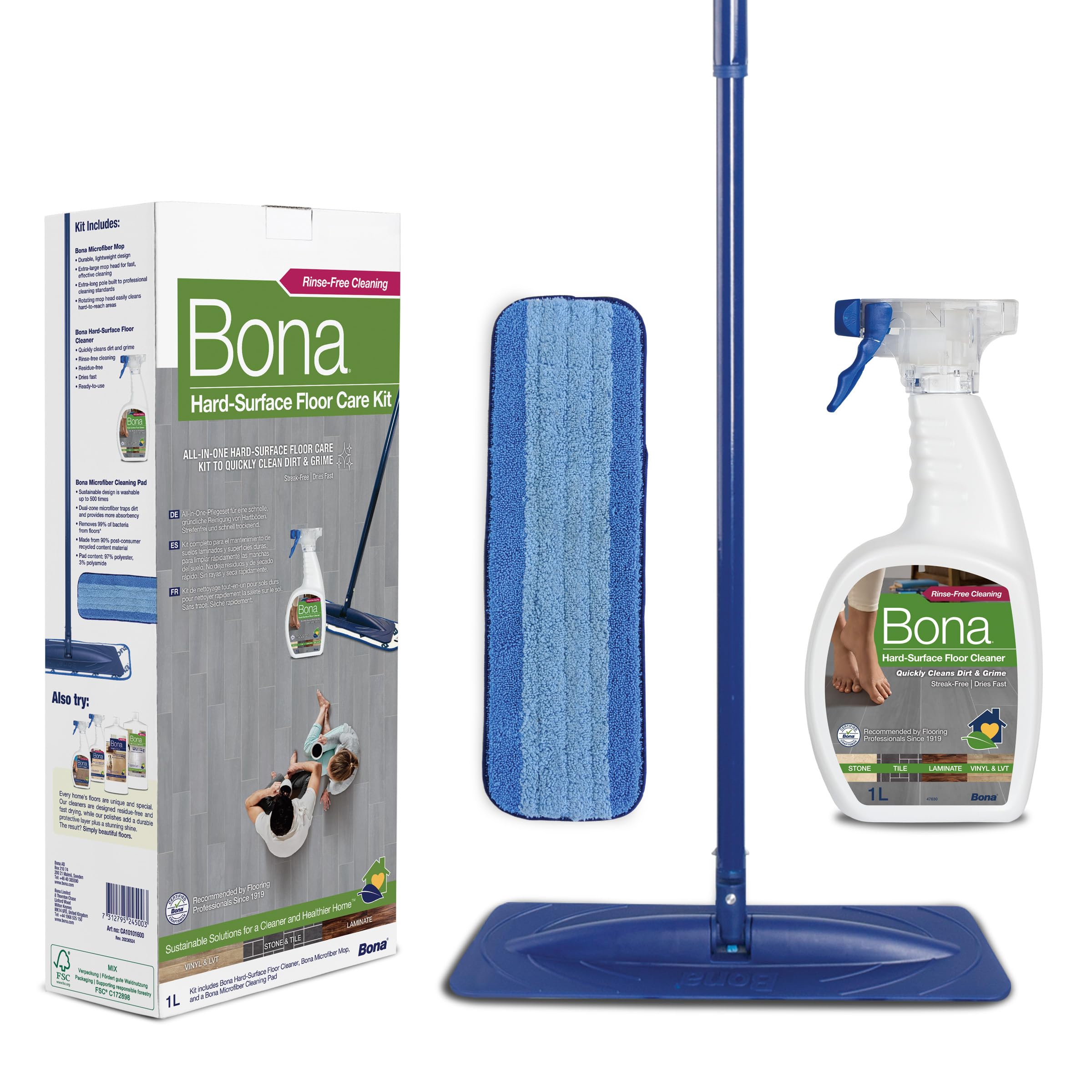 Bona mocio per pietra, piastrelle e laminato, set di mop con detergente da 1 L e tampone di pulizia in microfibra, prodotto per laminato, detergente per pavimenti pvc, LVT, panno, piastrellato