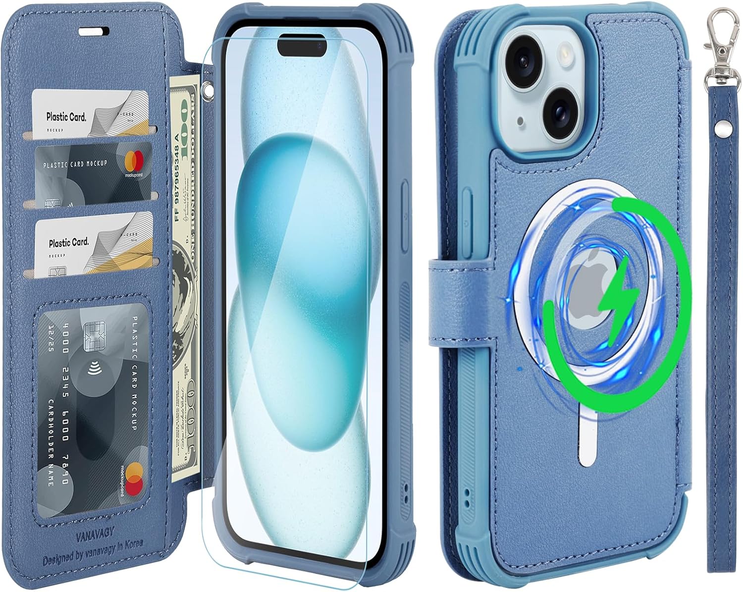 VANAVAGY Compatible for iPhone 15 Plus/14 Plus Wallet Case for Magsafe Wireless Charging, PU Leather Flip Folio Case [Screen Protector & Camera Cover] with Strap RFID Blocking Card Holder,Blue