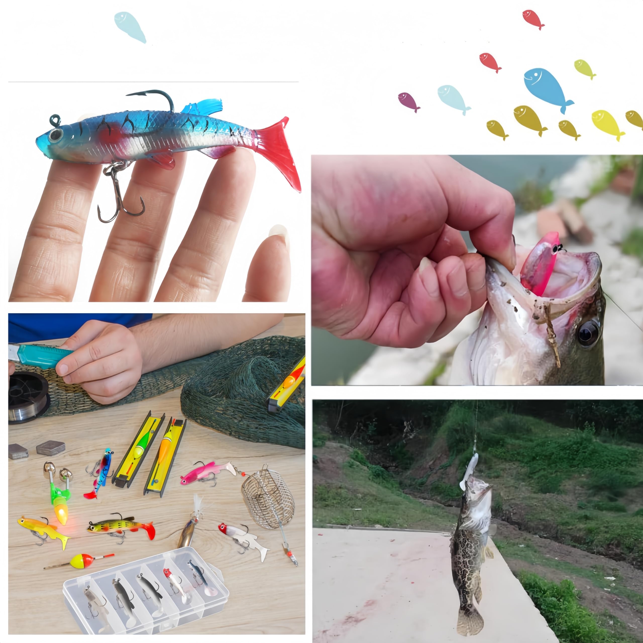 10 señuelos de pesca artificiales para pesca de lubina, trucha y peces carnívoros para agua dulce y salada (con 1 caja de plástico)