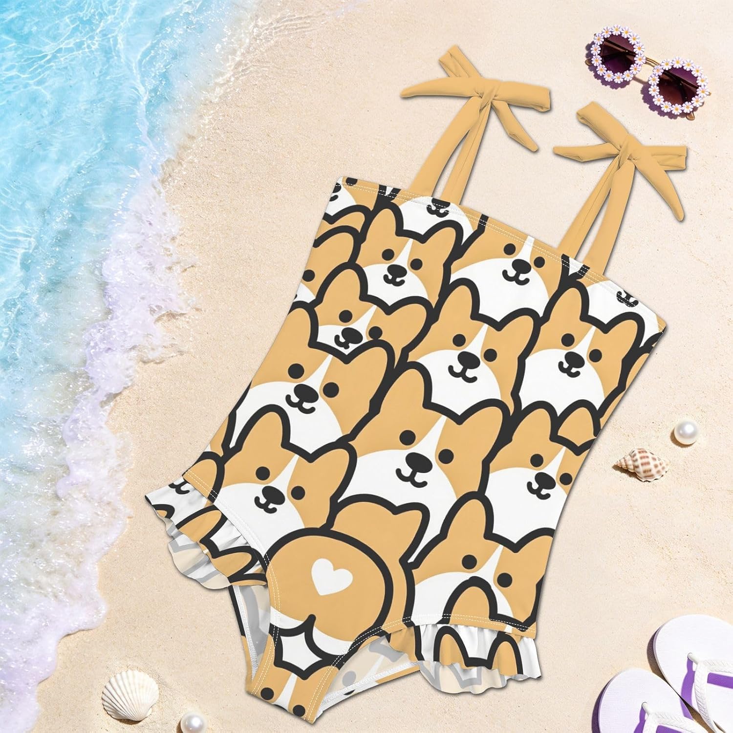 visesunny Toddler Girl Swimsuit Adjustable Strap Swimwear Heart Butt Corgi Bathing Suits for Girls 18M-6Y