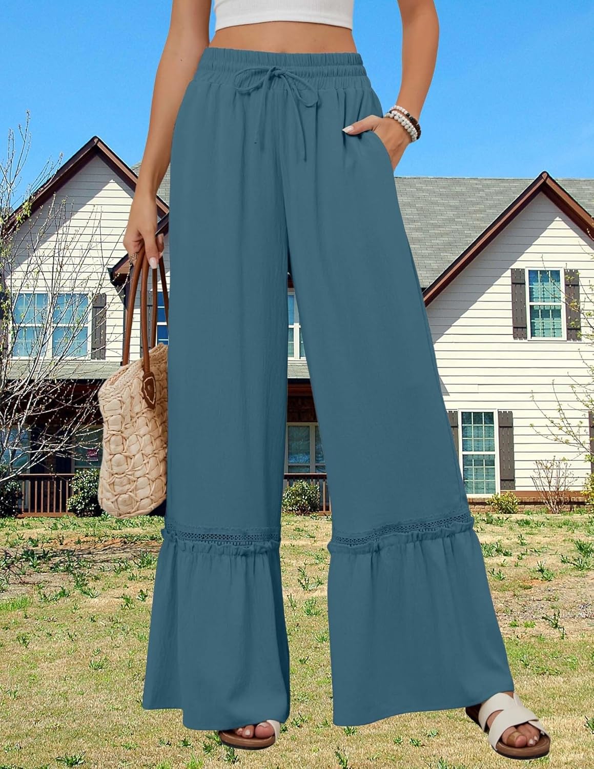 LIZALIG Womens Elastic High Waist Wide Leg Ruffle Loose Beach Palazzo Pants - Image 3