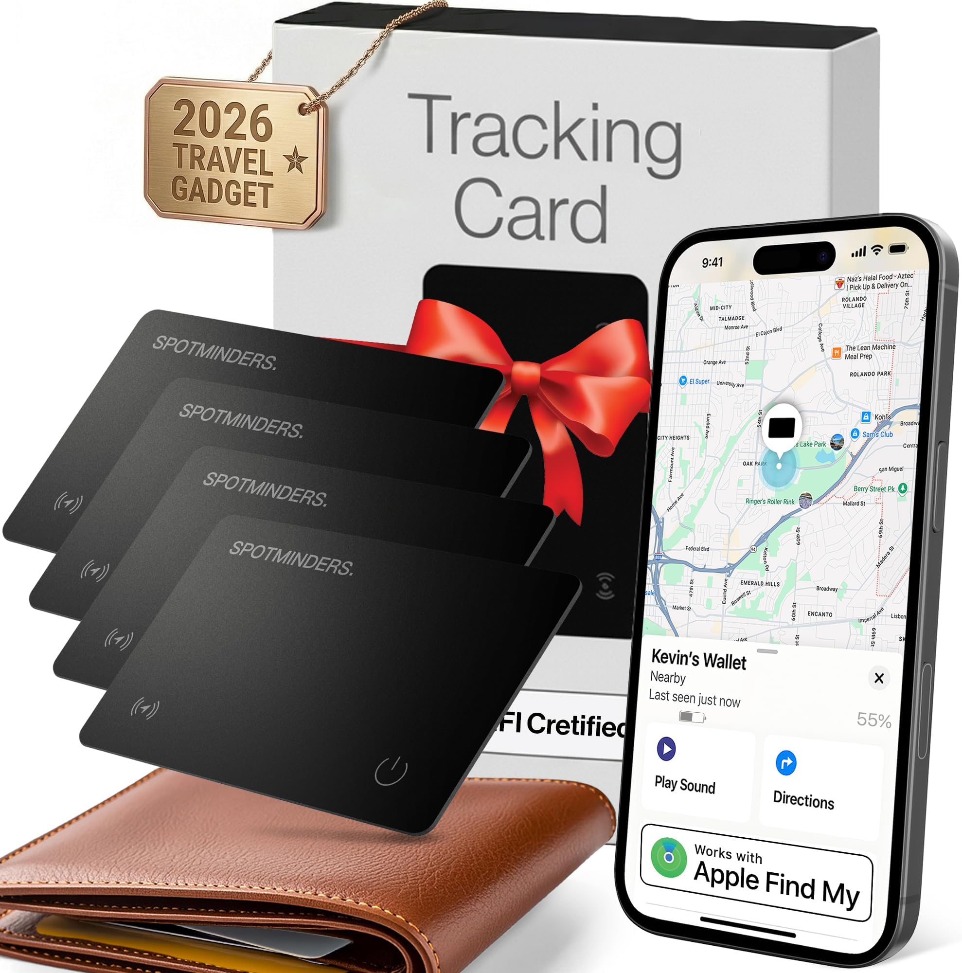 SPOTMINDERS Apple MFI Certified Wallet Tracking Card Black 4-Pack - Works with Apple Find My Rechargeable Tracker IP68 Waterproof 0.07in Slim iPhone Item Finder Smartcard for Luggage Tags Purse Keys