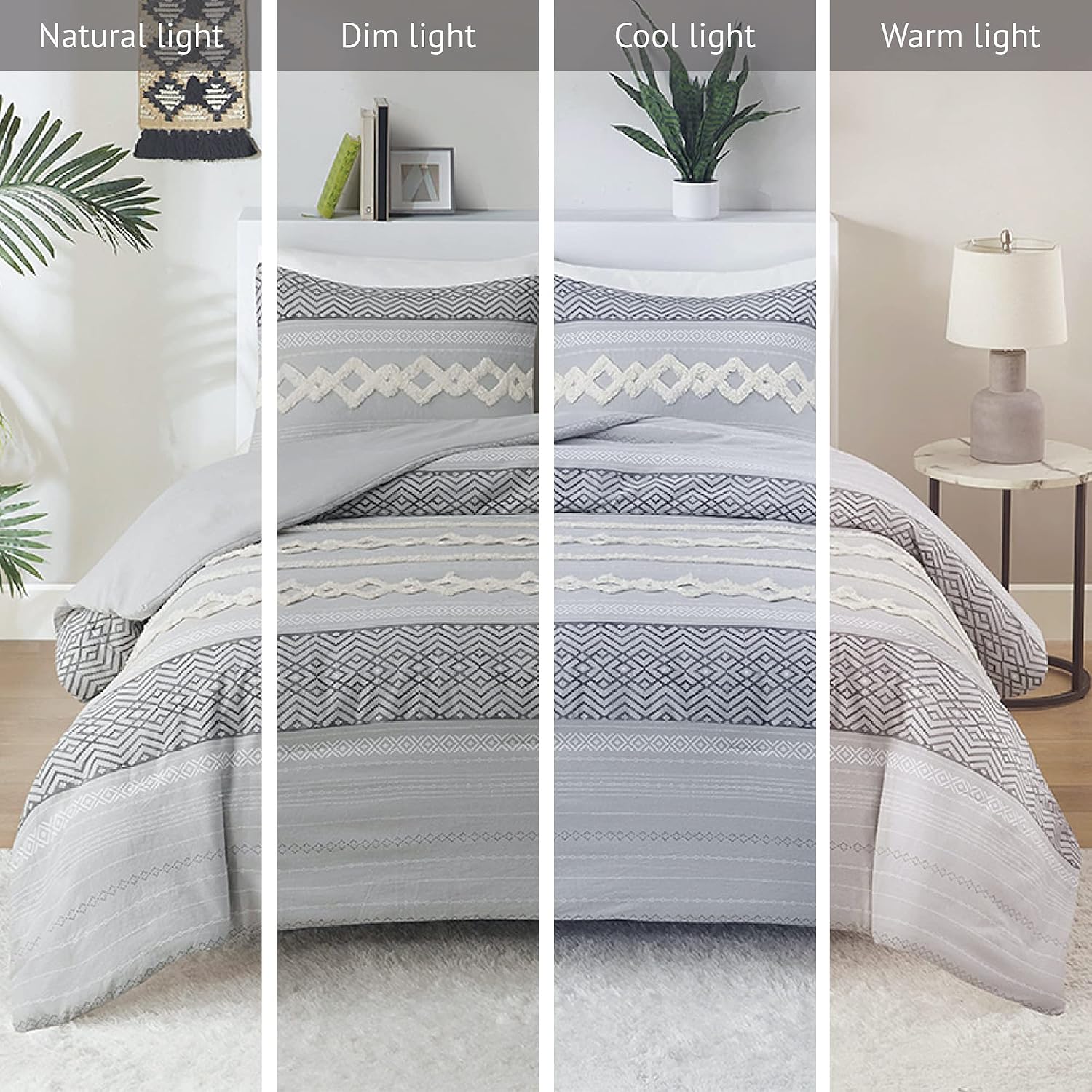 Hyde Lane Farmhouse Comforter Set Gray, Full/Queen Size Boho Bedding Sets, Cotton Top with Modern Neutral Style Clipped Jacquard Stripes, 3-Pieces Including Matching Pillow Shams (90x90 inches)