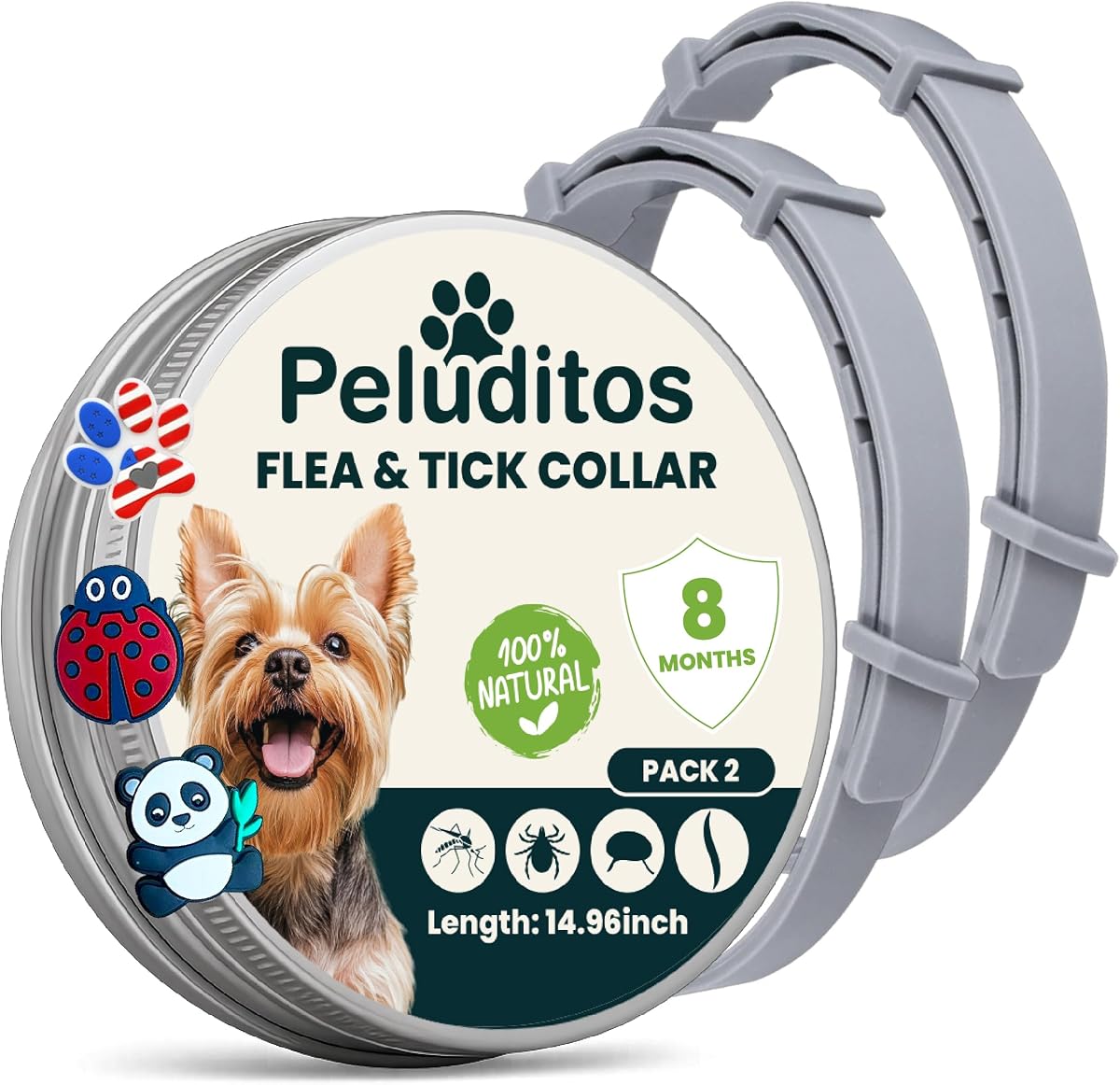 Natural Flea and Tick Collar for Dogs 2 Pack, Small Medium | Up to 8 months per collar, adjustable and waterproof, lemon eucalyptus citronella lavender oils, 3 decorative charms