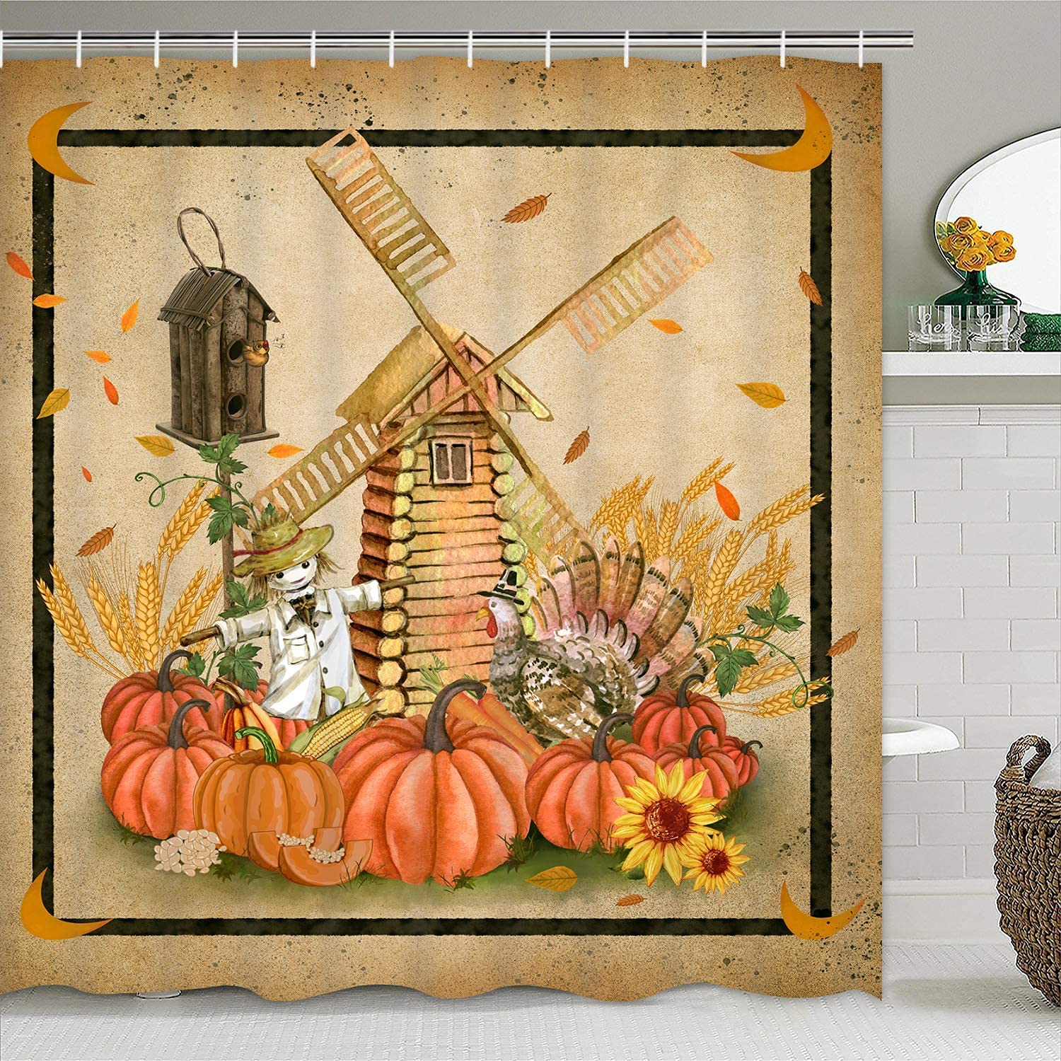 Pknoclan Thanksgiving Shower Curtain, Fall Harvesting Pumpkin Shower Curtains with 12 Hooks, Retro Autumn Shower Curtain, Waterproof Vintage Windmill Scarecrow Shower Curtains for Bathroom