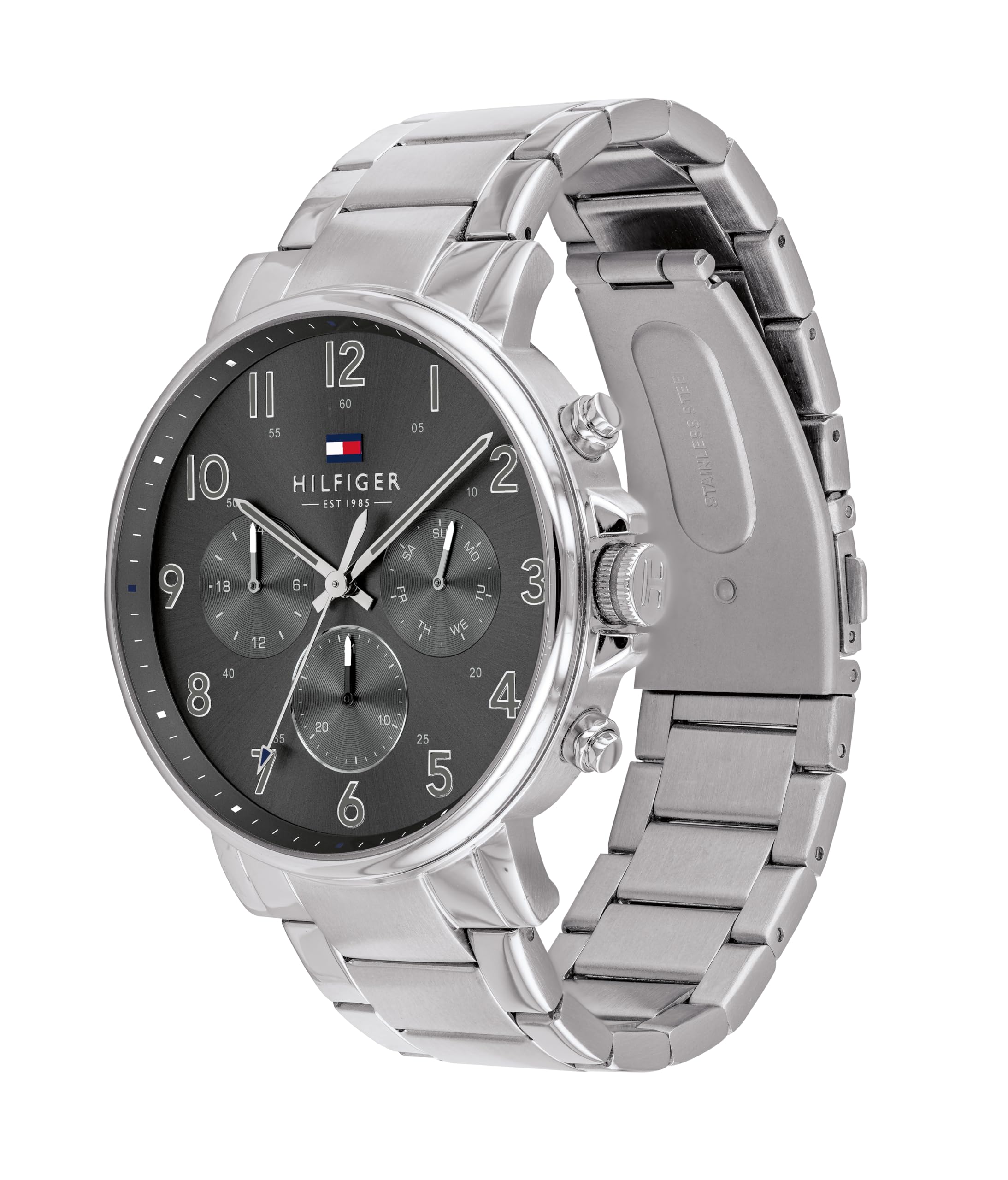 Tommy Hilfiger Herren 46mm Analog Multifunktions-Quarzuhr - 3 Hilfszifferblätter, Edelstahl- oder Lederarmband, 5 ATM Wasserdicht