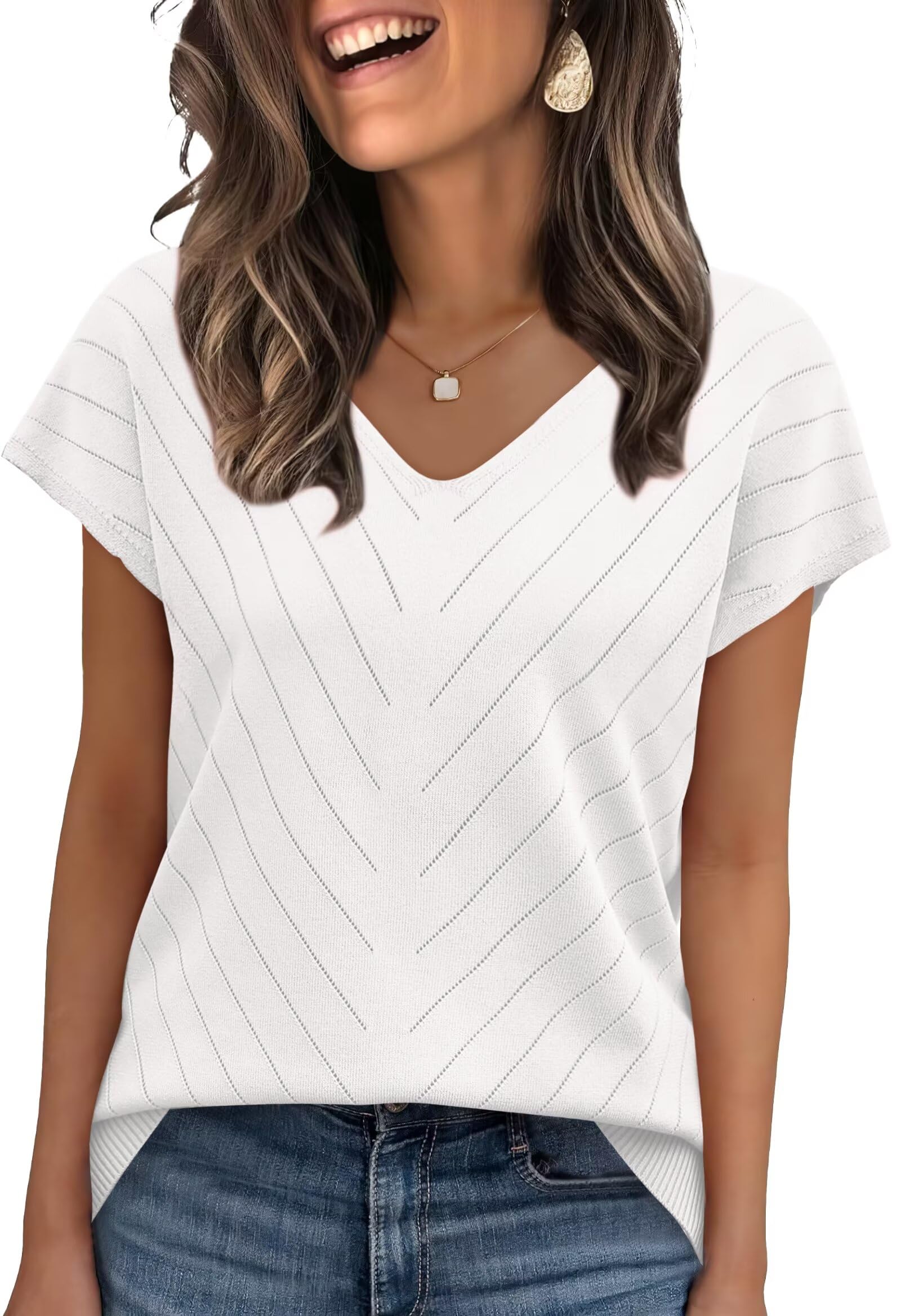 WIHOLL Pullover Damen Kurzarm Sommer Elegant T Shirt Leicht V-Ausschnitt Stretch Oberteile Basic Strickpullover Tops Weiß M
