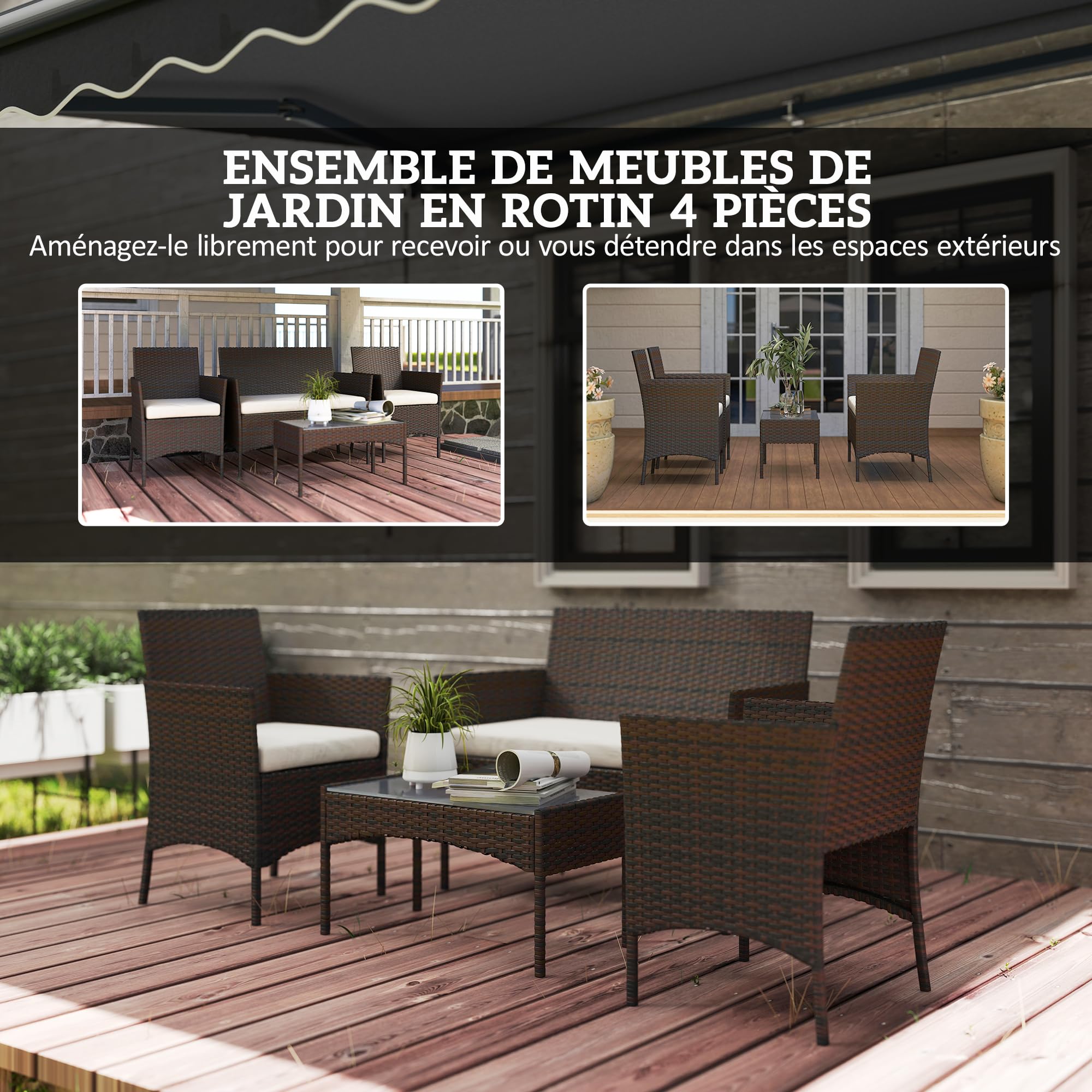 Outsunny Salon de Jardin extérieur 4 Personnes, Salon de Balcon en résine tressée avec canapés et Table Basse en Verre trempé, Coussins déhoussables Inclus, pour Patio Balcon terrasse, Beige