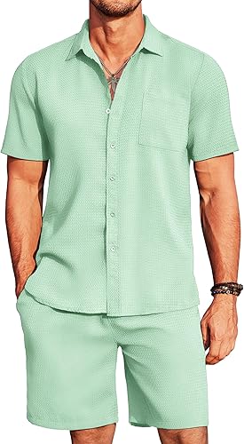 COOFANDY Conjunto corto de 2 piezas para hombre, camisa de manga corta con botones y pantalones cortos