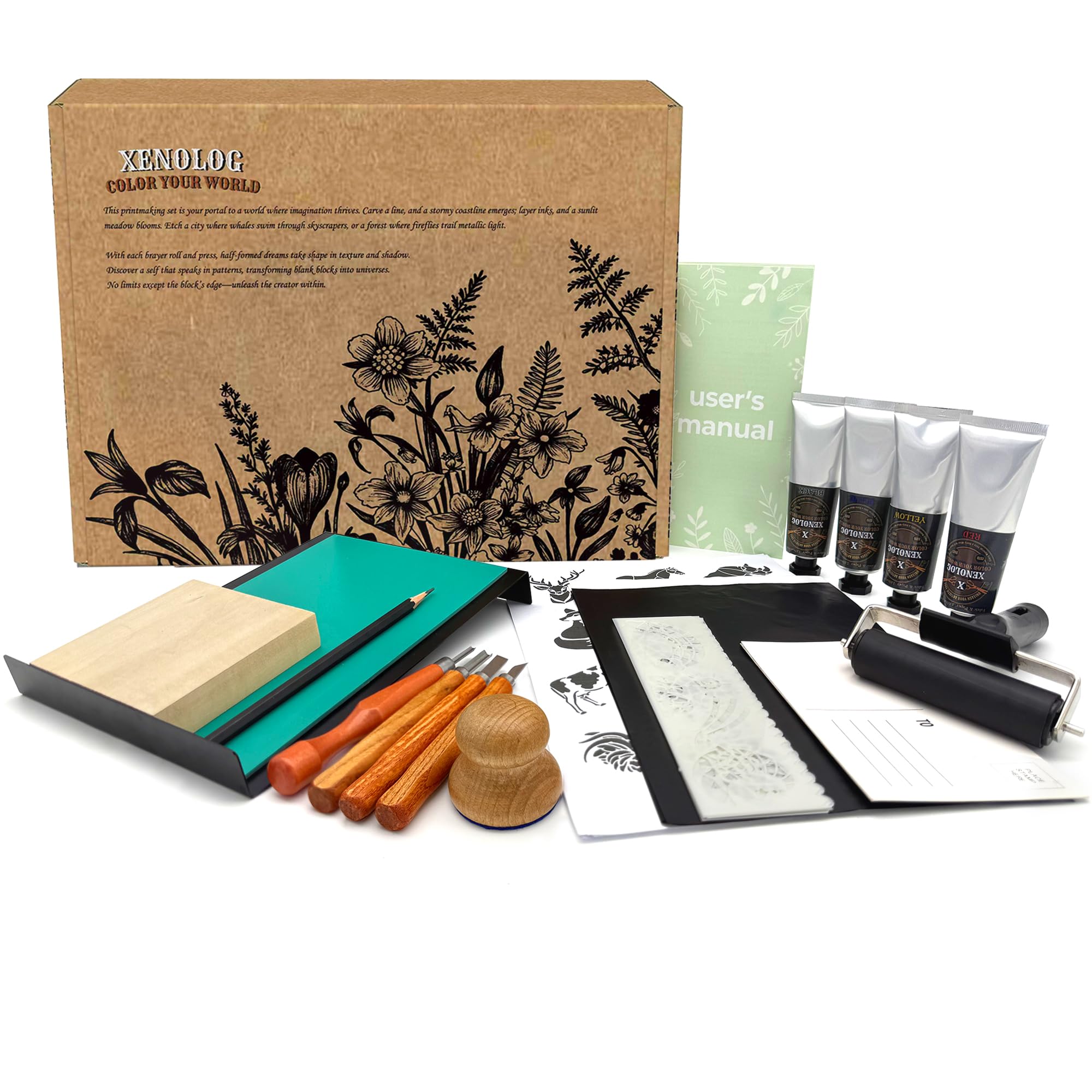 Xenolog Complete Block Printing Kit - All-in-One Lino Cutting Tools Set with Soft Rubber Blocks, Brayer, Ink &amp; Storage Case - Deluxe Linocut Stamp Making Printmaking Supplies for Beginners