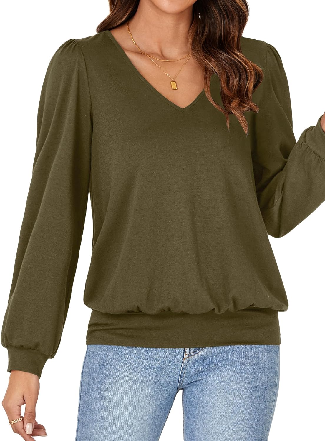 Vrtige Women's Casual Banded Bottom V Neck Puff Long Sleeve Tunic Top Blouse Shirt - Image 2