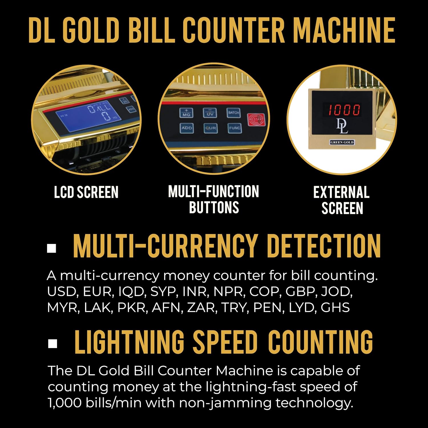 DLゴールドマネーカウンターマシン UV/MG/IR/MT、偽造検出器、お金カウント現金紙幣紙幣、複数通貨、1000ノート/分、LC 紙幣計算機  マネーカウンター 紙幣カウンター お札カウンター 現金 紙幣計数機 業務用 札 カウンター 高速 カウント デジタル 紙幣 円 ドル 勘定 お金 ...