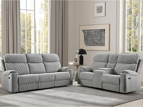 EBELLO Juego de sofá reclinable eléctrico, sillón reclinable eléctrico de tela y sofá de 3 plazas con portavasos, puertos de carga USB Tipo-C y Gris