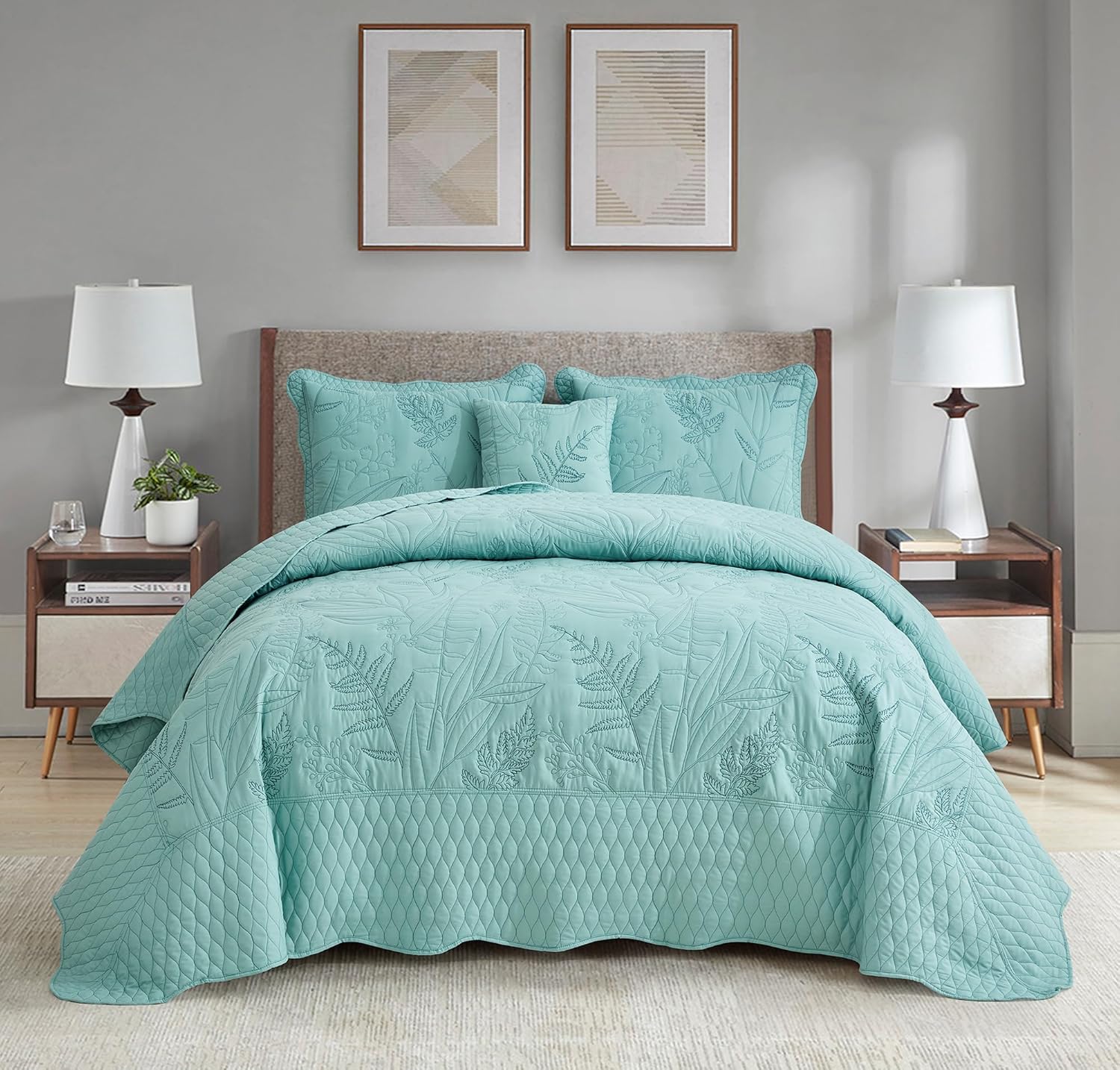 Botanical Oversized Bedspread King Size - Leaves Pattern Stitching Quilt Set - Elegant & Fresh Style Bedding Coverlets, Reversible, Lightweight, 4 Piece, Seaglass Seaglass King/Cal King(120"x118")
